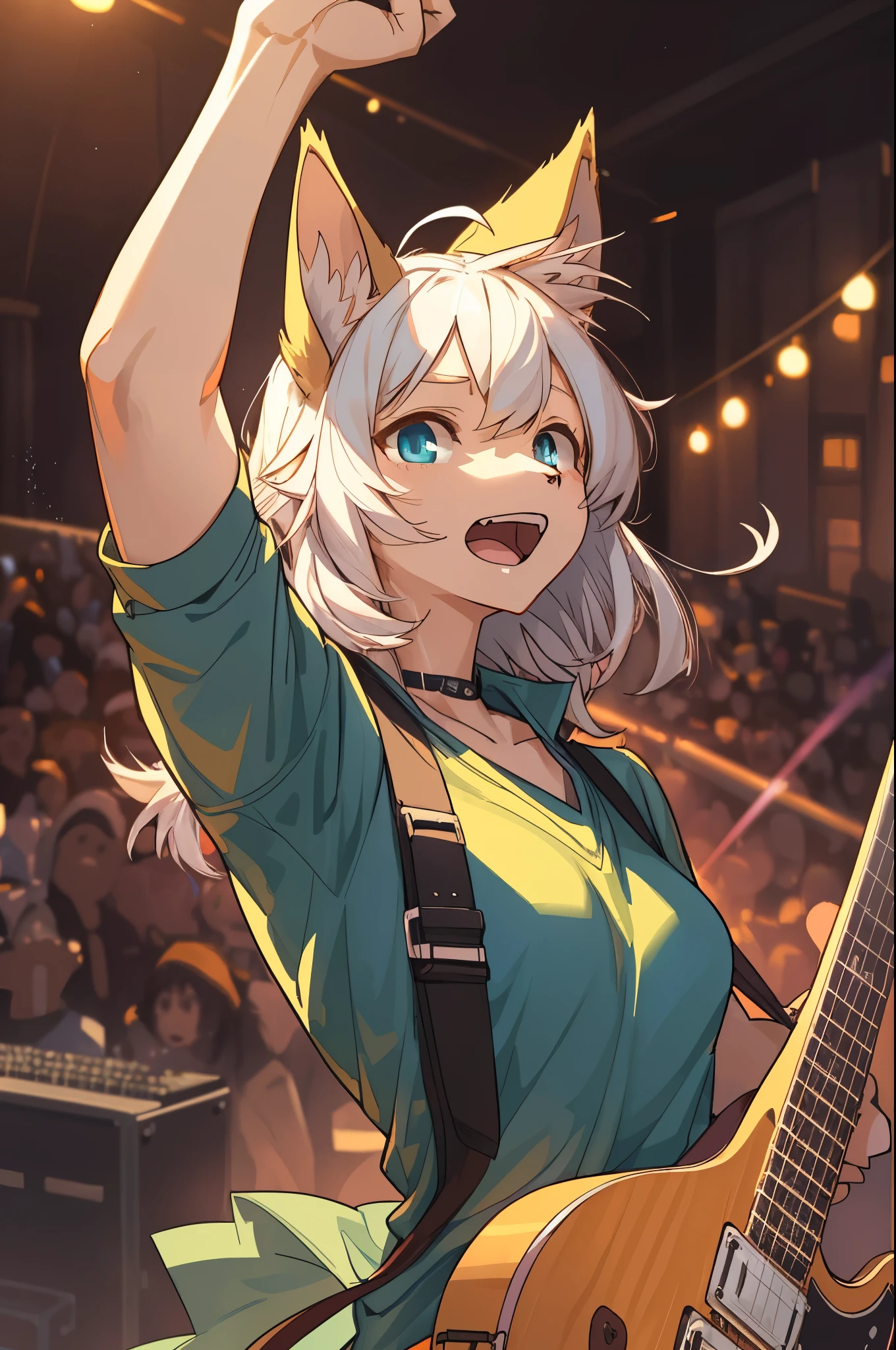top quality, best quality, High-quality illustrations, masterpiece, super high resolution, detailed background, Rock Band Concerts, Musical instrument performance, Stage Performance, hot air, 6+boys, 6+girls, absurdres(highly detailed beautiful face and eyes)perfect anatomy, expression, good lighting, cinematic shadow(kemono, furry anthro)(sound effects, motion blur),