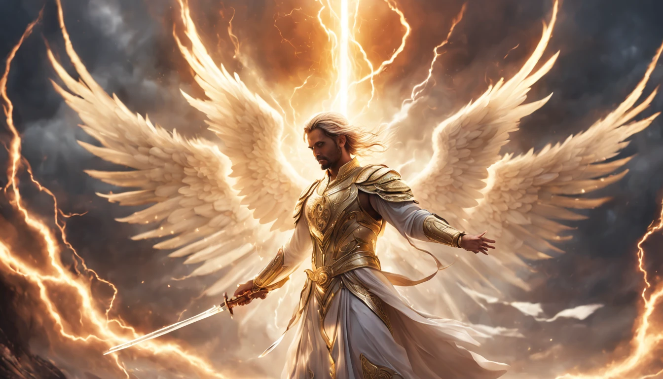Realistic, Angel with big wings,white dens wings, with gold sword in hand, lightning thunder striking,Wearing flames, thunder strikin, black circle kundalini aura on head, dramatic scene,war background, full body, flare behind, close up, 200mm lens, f/1.0,