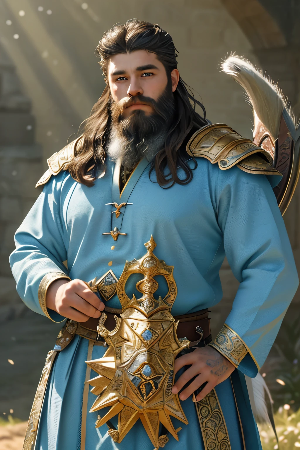 Masterpiece, highest quality, ultra high resolution image: A handsome young dwarf king proudly sits atop his war goat, his golden armor shimmering in the sunlight. Inserting a touch of intricacy, the armor is meticulously crafted, adorned with precious gems and intricate engravings. His battle axe, held tightly in both hands, glints menacingly. The king's face is as perfect as a sculpted masterpiece, his features sharp and defined, with piercing blue eyes, a strong jawline, and a small but determined nose. His curly, neatly tended beard frames his face, adding a touch of regal authority to his appearance.