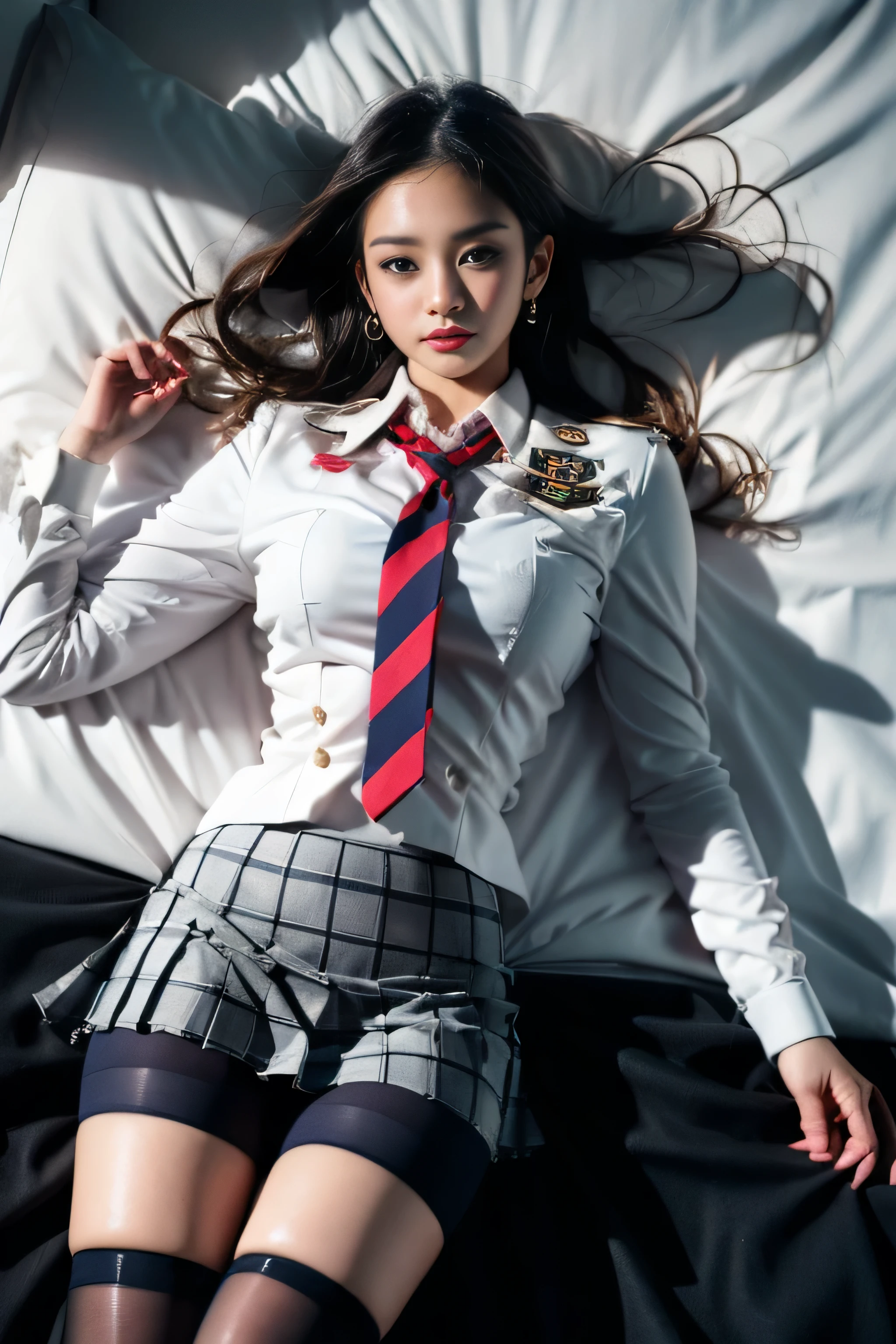 ( Girl lying on bed)，charming eyes，Heartwarming action，Turn your face away from the camera，bent down，bend over，turn back，Look up at your head，thick and long black hair，highly detailed body，highly detailed face，highest quality、(P iNK underwear),(high school girl),((white blazer、chest emblem))、((Translucent blouse)),((red bow tie)),((navy check flare skirt)),(black stockings)、