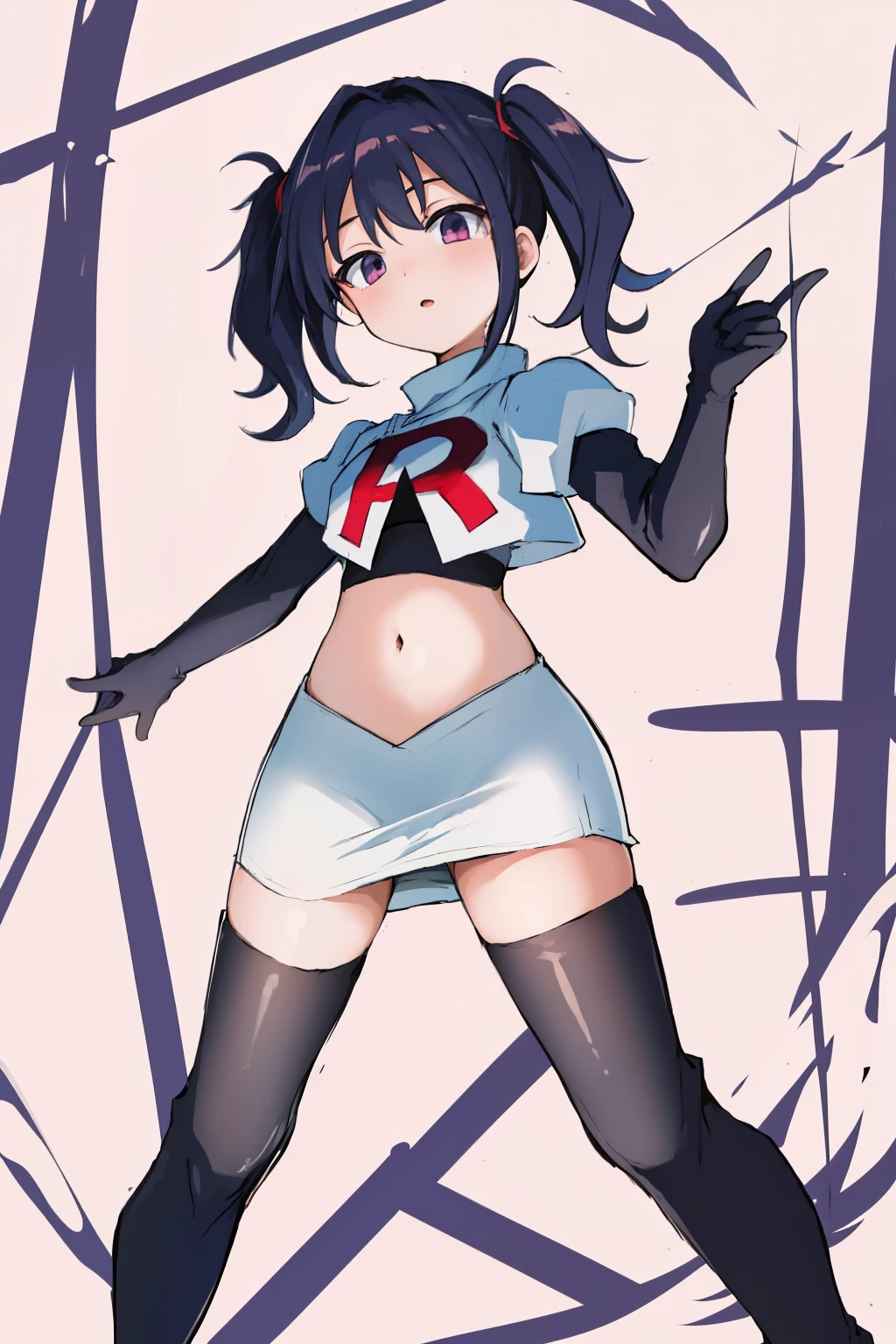 best quality, masterpiece, ame-chan, simple background, looking at viewer, team rocket,team rocket uniform,white skirt,red letter R,crop top,black thigh-highs,black elbow gloves