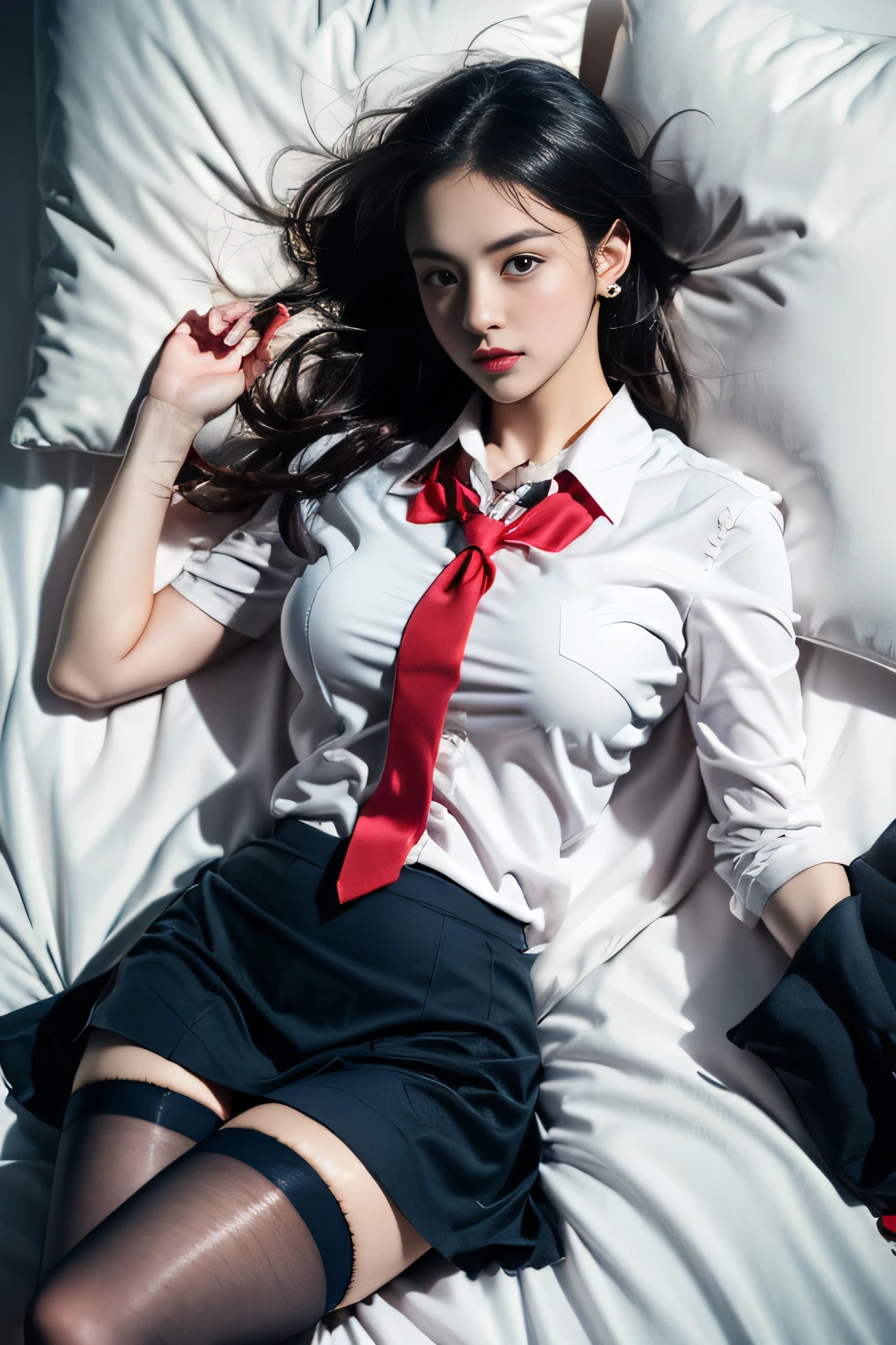 ( Girl lying on bed)，charming eyes，Heartwarming action，Turn your face away from the camera，bent down，bend over，turn back，Look up at your head，thick and long black hair，highly detailed body，highly detailed face，highest quality、(P iNK underwear),(high school girl),((white blazer、chest emblem))、((Translucent blouse)),((red bow tie)),((navy check flare skirt)),(black stockings)、