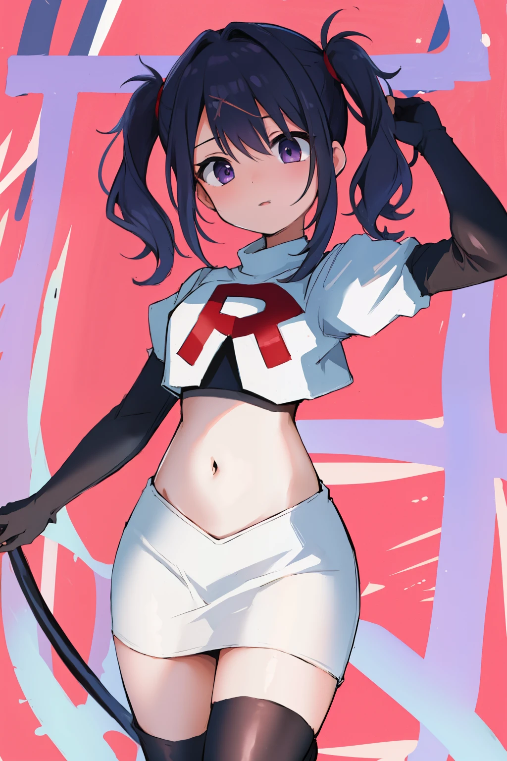 best quality, masterpiece, ame-chan, simple background, looking at viewer, team rocket,team rocket uniform,white skirt,red letter R,crop top,black thigh-highs,black elbow gloves