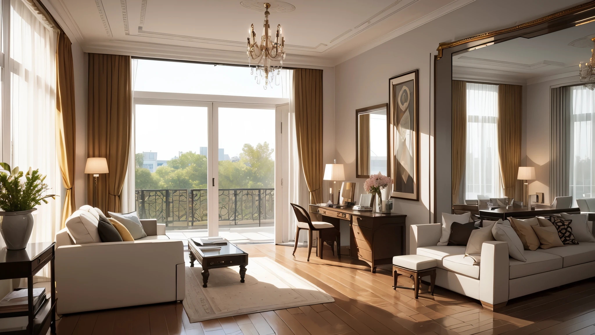 You are a famous interior designer、You have been asked to create a 3D image of a modern large room. Create a harmonious environment with modern and minimalist furniture. Including garden interior.