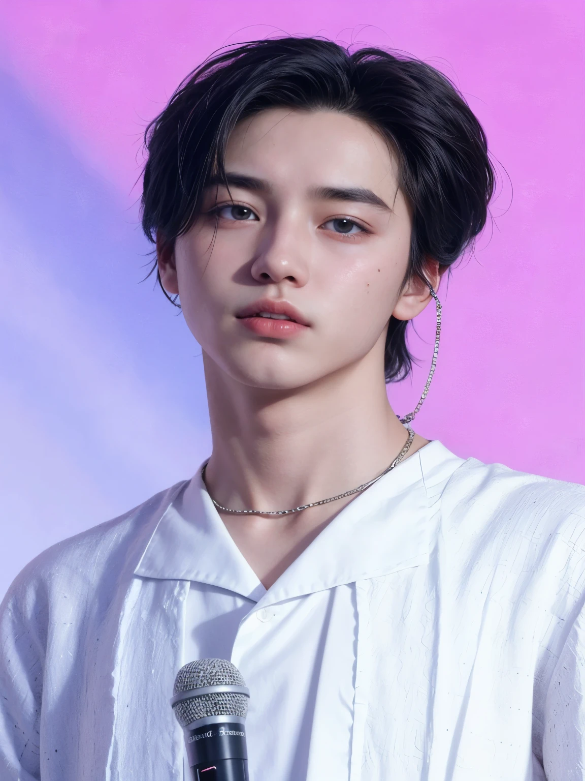 a closeup of a person holding a microphone and wearing a white shirt, cai xukun, kim doyoung, hyung tae, Jinyoung Shin, jungkook, TaeJune Kim, young pale angel, inspirado en Bian Shoumin, yanjun chengt, delicate androgynous prince, inspirado en jeonseok lee, pale korean adorable face, beautiful androgynous prince