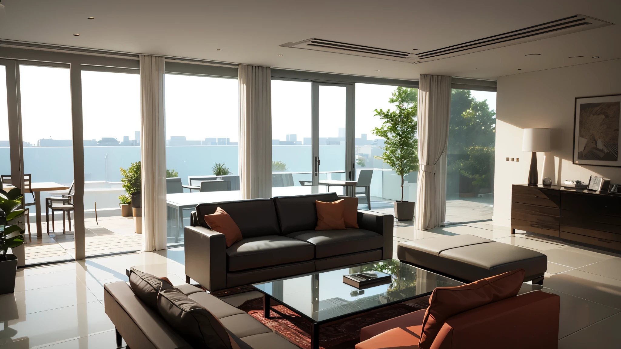 You are a famous interior designer、You have been asked to create a 3D image of a modern large room. Create a harmonious environment with modern and minimalist furniture. Including garden interior.
