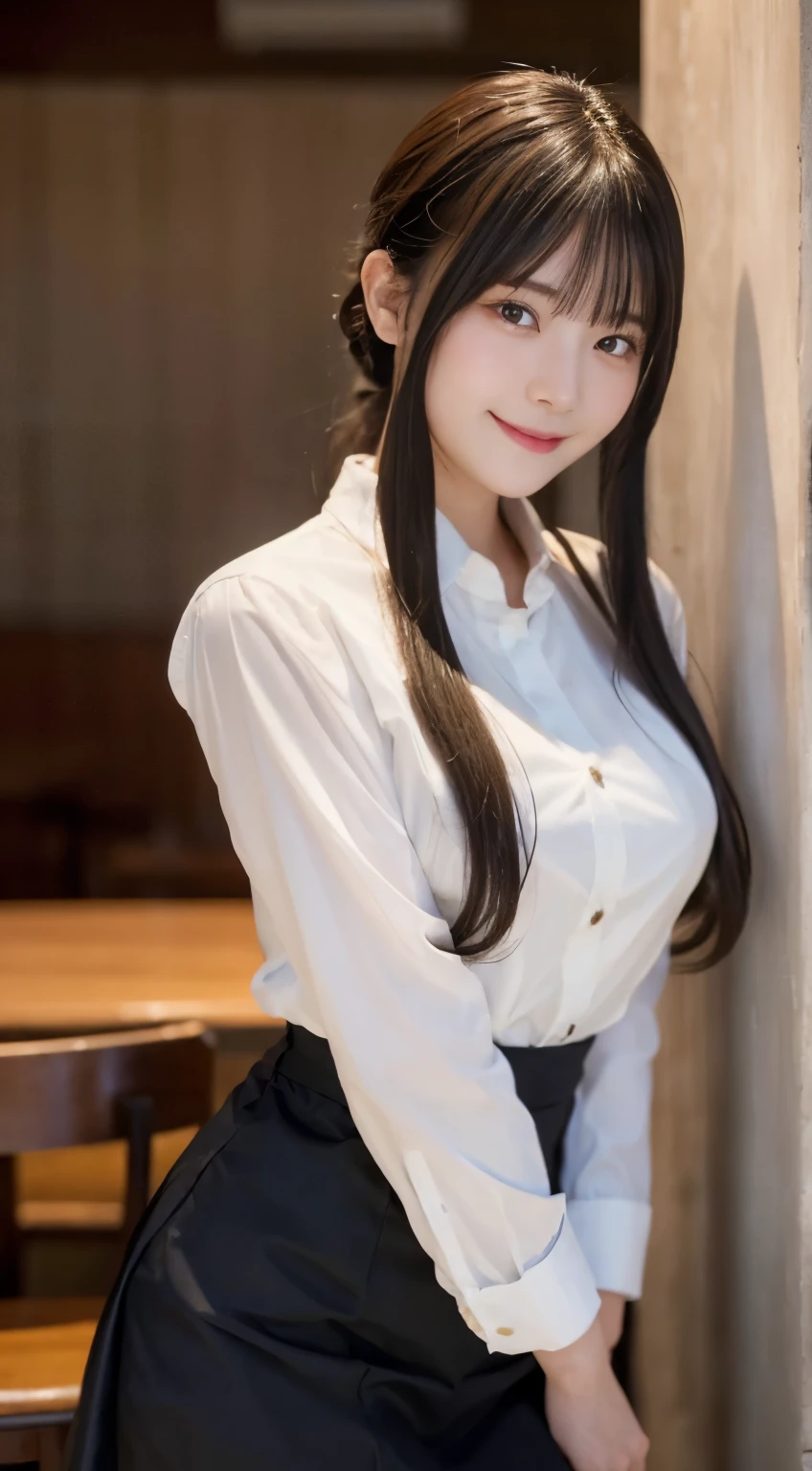 (highest quality,masterpiece:1.3,Super high resolution,),(super detailed,caustics),(Photoreal:1.4,RAW shooting,)ultra-realistic capture,very detailed,High resolution 16K human skin close-up。 Natural skin texture、,The pores are、、Must be detailed enough to be easily identified。 Skin should look even-toned and healthy。 Use natural light and color,restaurant,Waitress Uniform,1 girl,Japanese,18-year-old,cute,black haired,ponytail,big breasts,smile,turn the body forward,(Front view:1.1),look at the camera,cowboy shot,