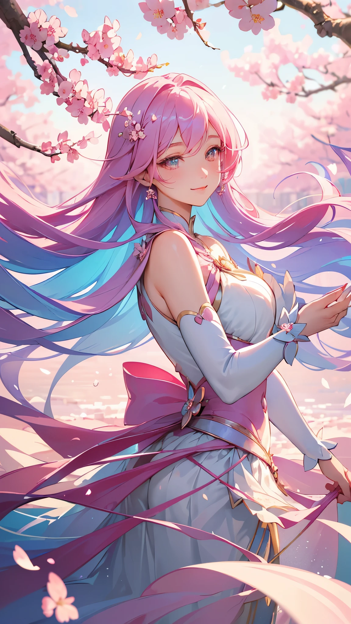 (best quality, photorealistic), vibrant colors, soft lighting, cherry blossom background, flowing hair, big sparkling eyes, delicate features, elegant pose, joyful expression, gentle smile, magical atmosphere, magical girl style, pastel color palette, dreamlike scenery