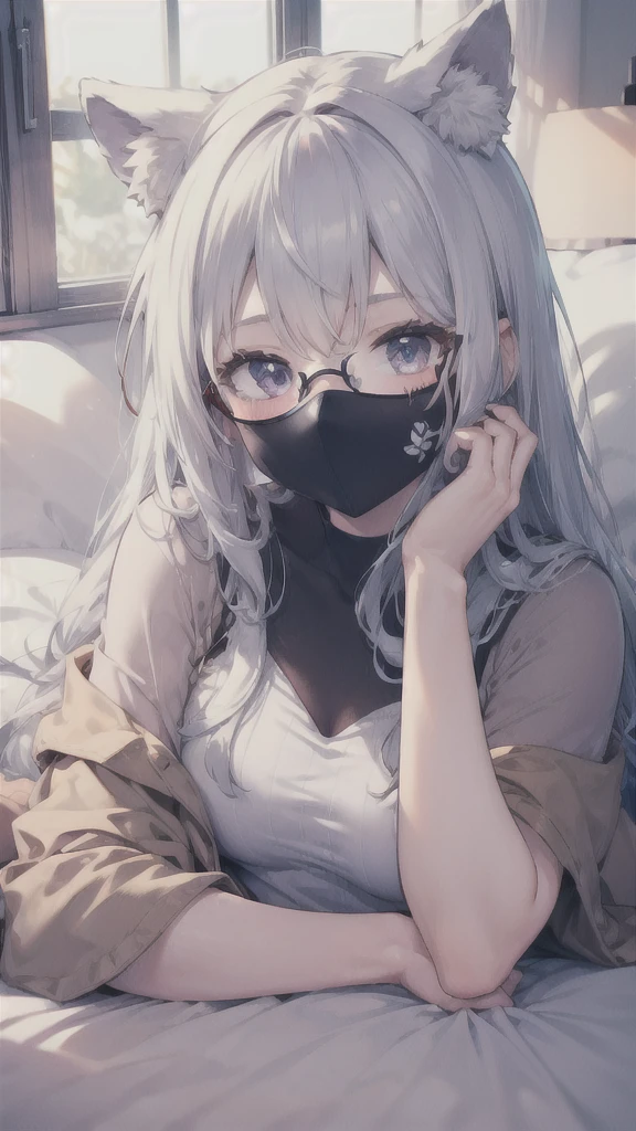 1girl, solo, background, afternoon, windows, bedroom, upper body, white hair, long hair, fake animal ears, mouth mask, glasses, lying, ribbon hair