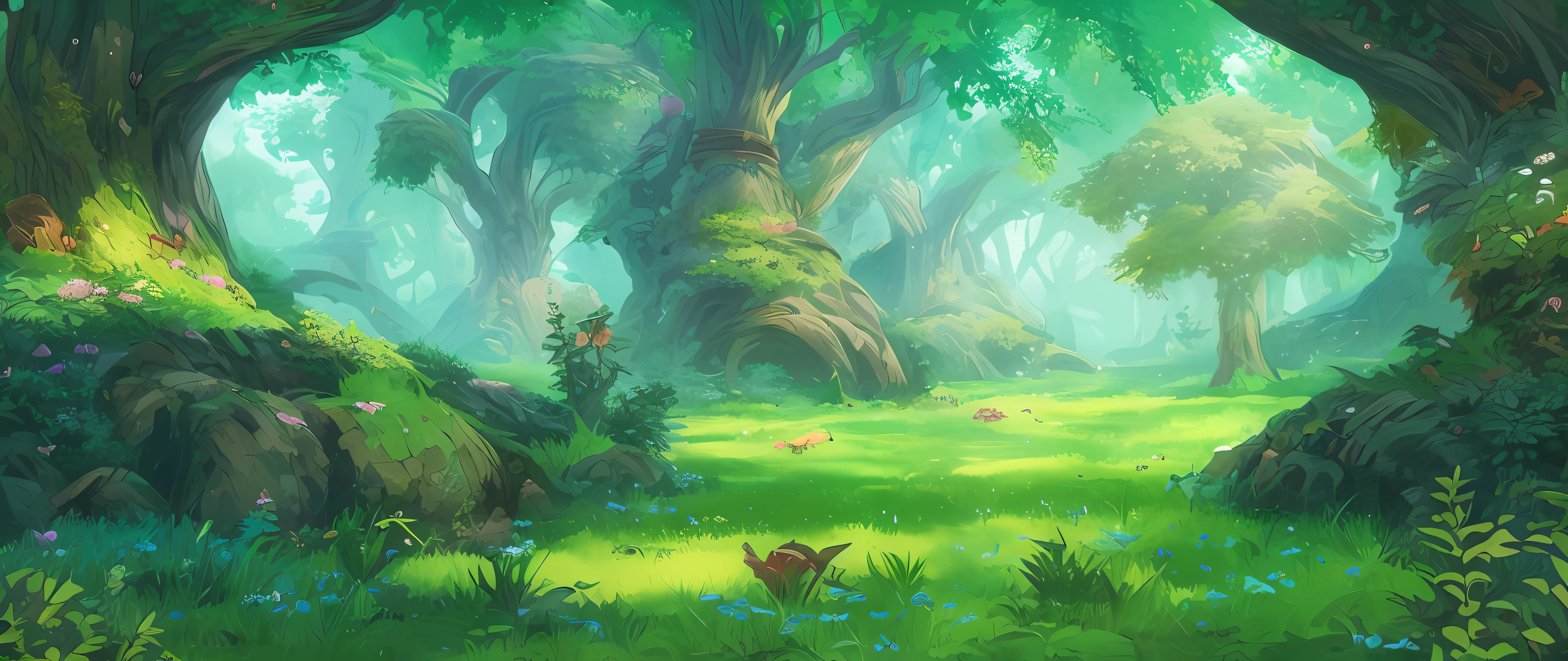 Alates in the green forest， ancient wood environment, Stylized concept art, fantasy forest environment, elf forest background, Stylized scenes, Stylized game art, made of tree and fantasy valley, realism in style of fornite game, Detailed environment, fairy kingdom forest, Stylized rendering, Stylized rendering