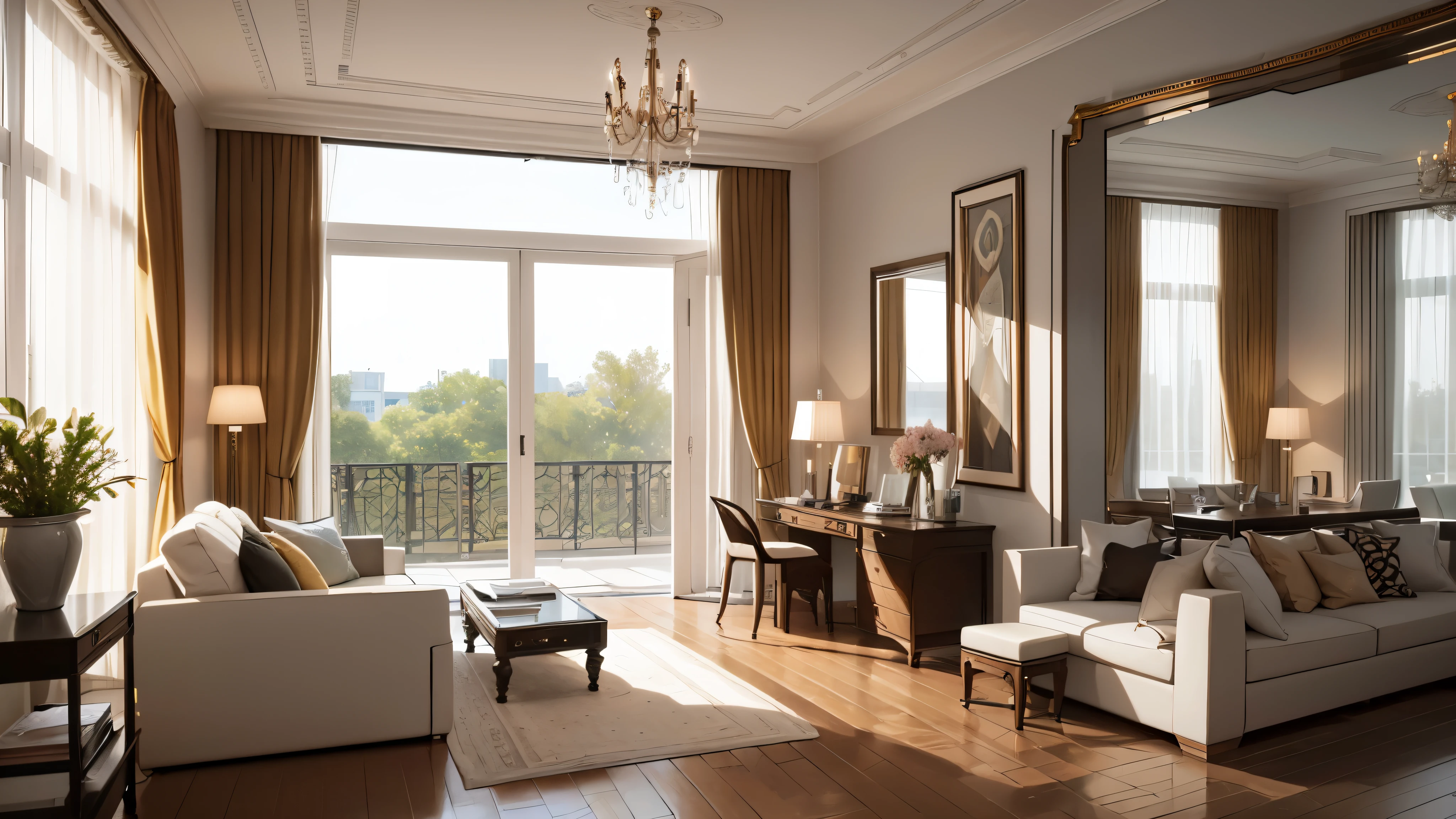 You are a famous interior designer、You have been asked to create a 3D image of a modern large room. Create a harmonious environment with modern and minimalist furniture. Including garden interior.