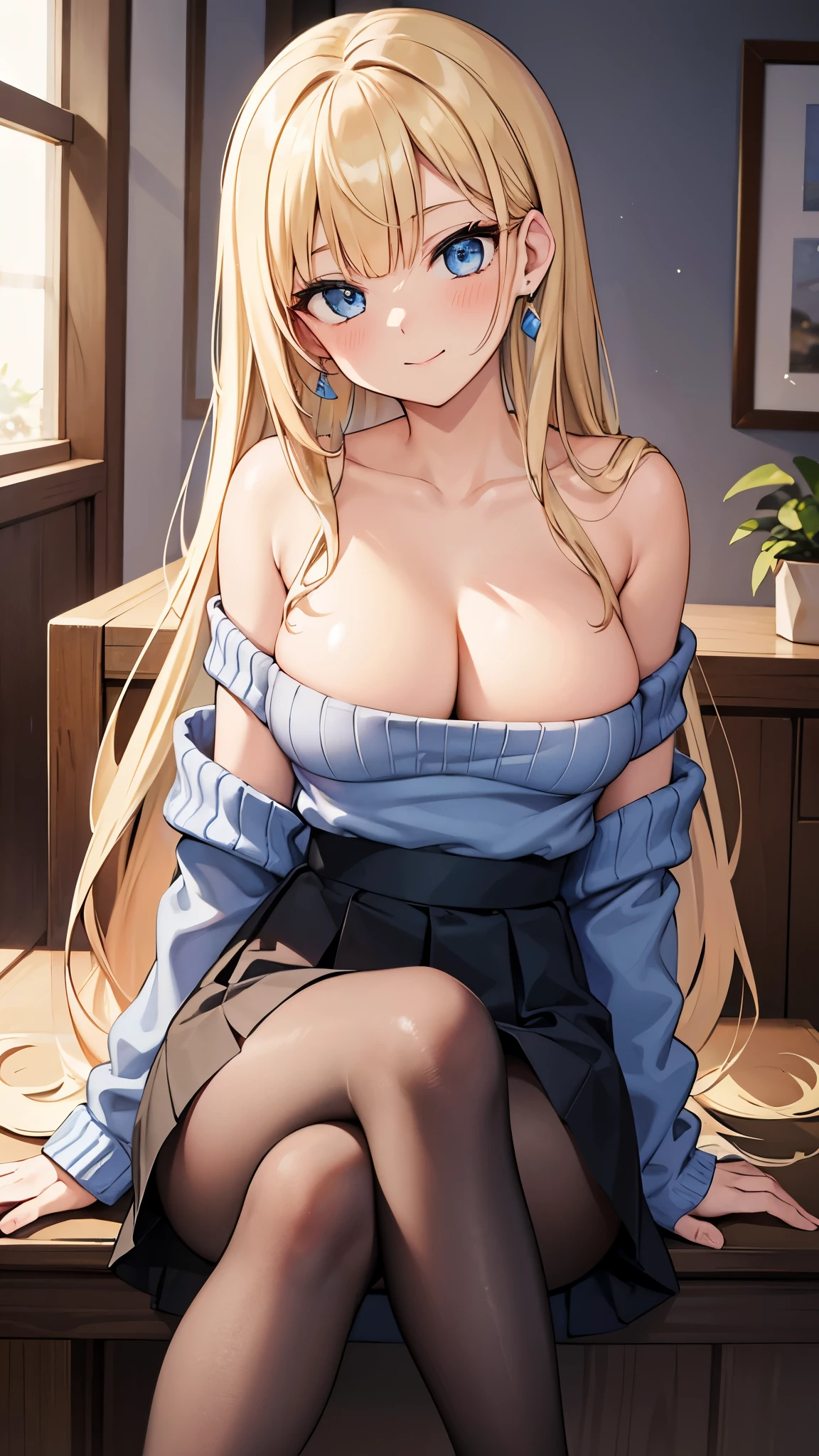 the picture shows a sexy blonde woman sitting in a chair with a large pair of blue eyes, 1girl, breasts, solo, cleavage, blue eyes, sweater, looking at viewer, sitting, off shoulder, long hair, smile, jewelry, bare shoulders, skirt, earrings, collarbone, large breasts, bangs, indoors, off-shoulder sweater, closed mouth, black skirt, thighs, between legs, blush