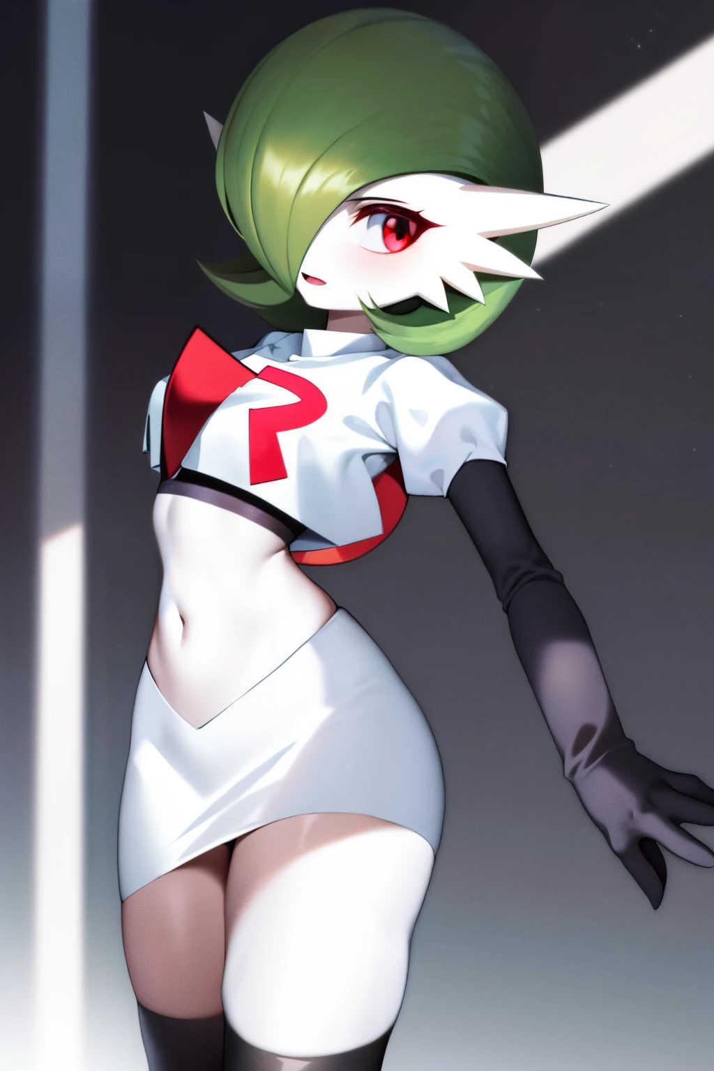 masterpiece, best_quality, 1girl, solo, gardevoir, creatures \(company\), game freak, nintendo, pokemon, pokemon \(game\), bangs, colored skin, female focus, gen 3 pokemon, green hair, green skin, hair over one eye, multicolored skin, pokemon \(creature\), red eyes, short hair, two-tone skin, white skin, team rocket,team rocket uniform,white skirt,red letter R,crop top,black thigh-highs,black elbow gloves