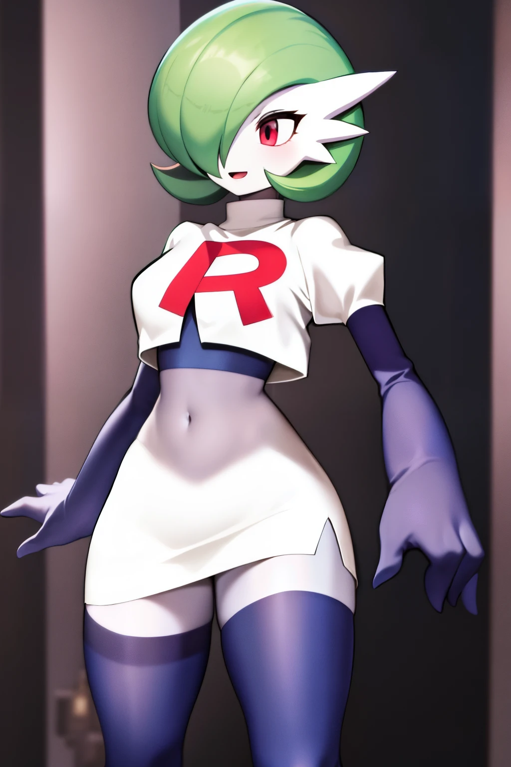 masterpiece, best_quality, 1girl, solo, gardevoir, creatures \(company\), game freak, nintendo, pokemon, pokemon \(game\), bangs, colored skin, female focus, gen 3 pokemon, green hair, green skin, hair over one eye, multicolored skin, pokemon \(creature\), red eyes, short hair, two-tone skin, white skin, team rocket,team rocket uniform,white skirt,red letter R,crop top,black thigh-highs,black elbow gloves