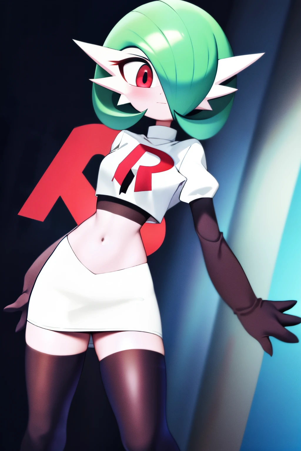 masterpiece, best_quality, 1girl, solo, gardevoir, creatures \(company\), game freak, nintendo, pokemon, pokemon \(game\), bangs, colored skin, female focus, gen 3 pokemon, green hair, green skin, hair over one eye, multicolored skin, pokemon \(creature\), red eyes, short hair, two-tone skin, white skin, team rocket,team rocket uniform,white skirt,red letter R,crop top,black thigh-highs,black elbow gloves