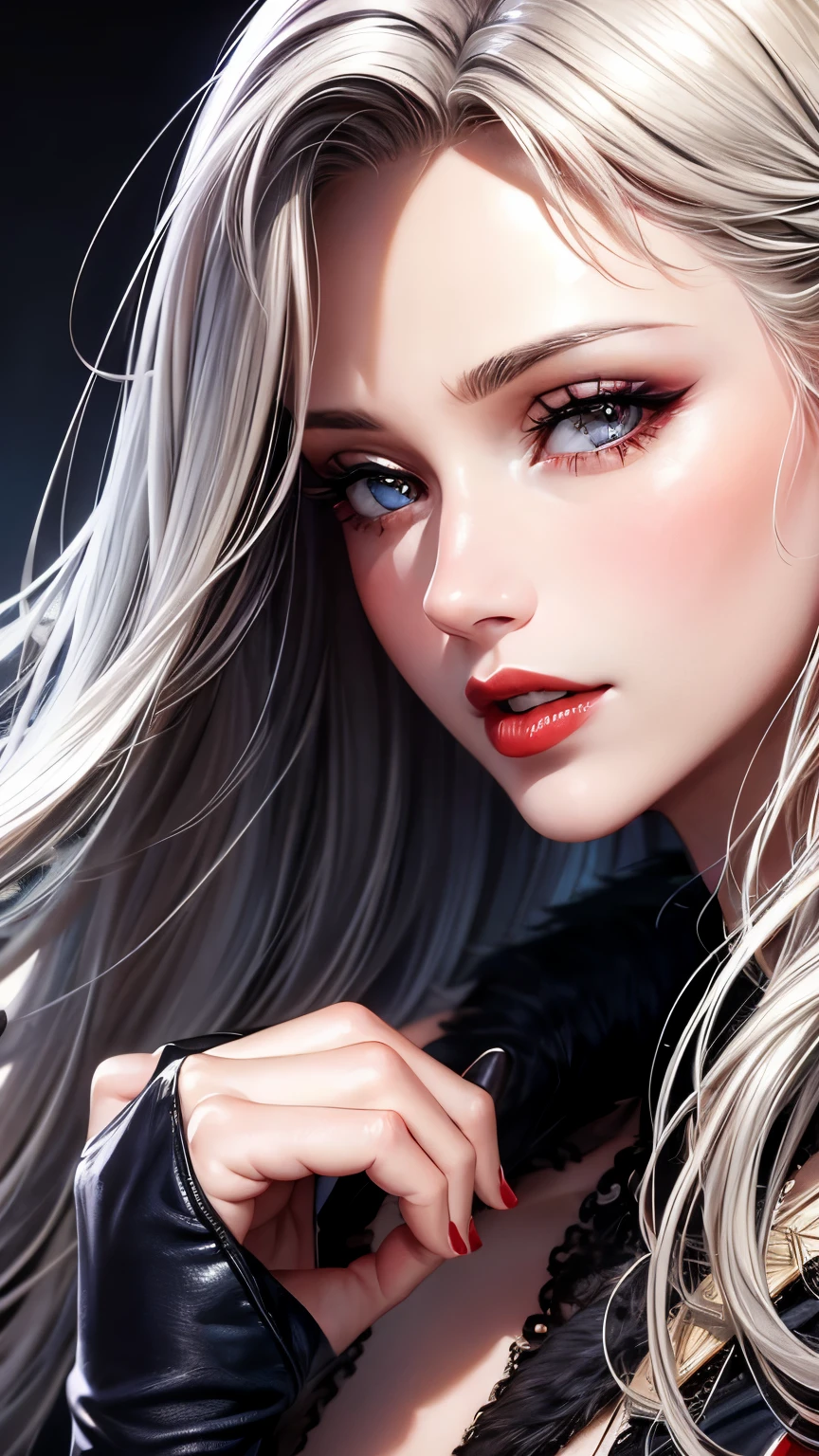 Woman, 30 years, adult, sexy, nigth, soft ligth, red lips, saliva, face detail, close-up, fingers--style realistic-imagine -