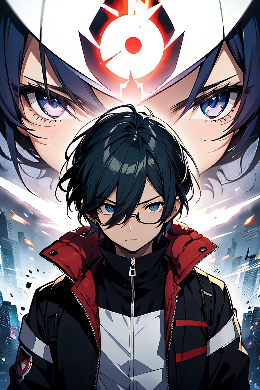 Un primer plano de una persona con gafas sobre un fondo oscuro, con enormes ojos tristes luminosos, 2 D anime, Kazuto Okata, Kage Kara Mamoru! estilo (2006), Also, Anime style", Enormes ojos de anime, Rumiko , Sad cerulean eyes, Akiyuki Shinbou, Estilo anime 2D, perfect ratio