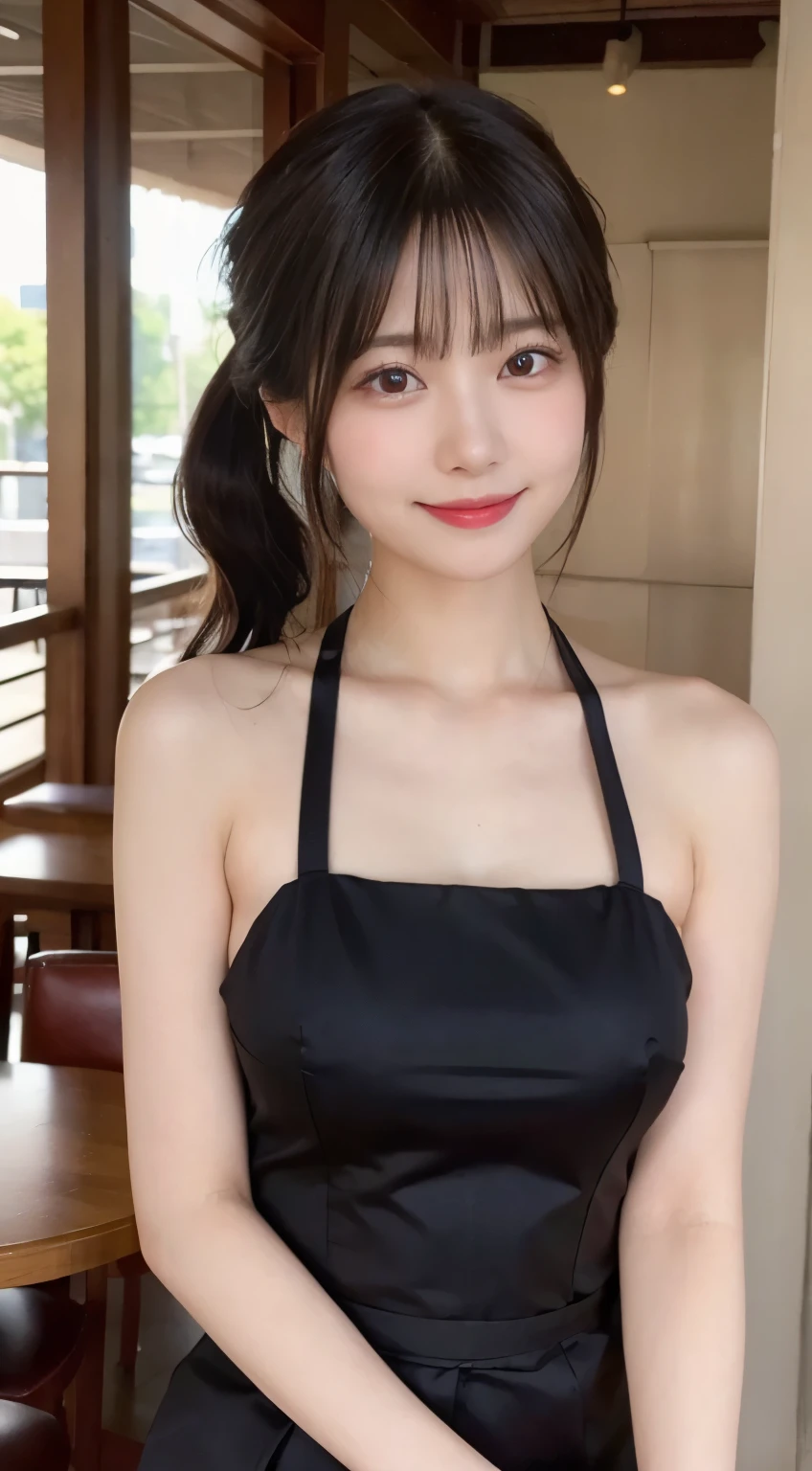 (highest quality,masterpiece:1.3,Super high resolution,),(super detailed,caustics),(Photoreal:1.4,RAW shooting,)ultra-realistic capture,very detailed,High resolution 16K human skin close-up。 Natural skin texture、,The pores are、、Must be detailed enough to be easily identified。 Skin should look even-toned and healthy。 Use natural light and color,restaurant,Waitress Uniform,1 girl,Japanese,18-year-old,cute,black haired,ponytail,big breasts,smile,turn the body forward,(Front view:1.1),look at the camera,cowboy shot,