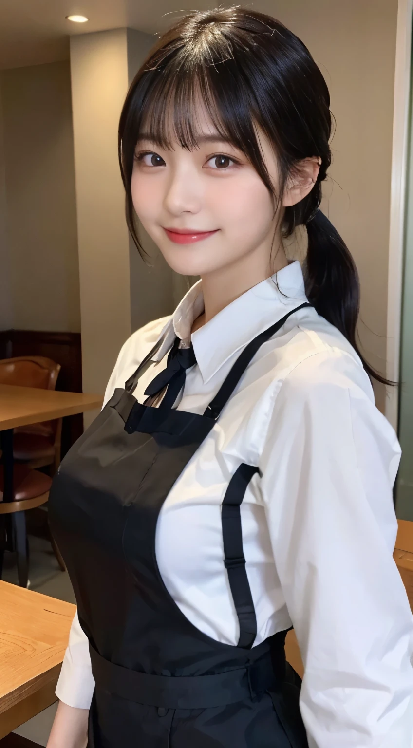 (highest quality,masterpiece:1.3,Super high resolution,),(super detailed,caustics),(Photoreal:1.4,RAW shooting,)ultra-realistic capture,very detailed,High resolution 16K human skin close-up。 Natural skin texture、,The pores are、、Must be detailed enough to be easily identified。 Skin should look even-toned and healthy。 Use natural light and color,restaurant,Waitress Uniform,1 girl,Japanese,18-year-old,cute,black haired,ponytail,big breasts,smile,turn the body forward,(Front view:1.1),look at the camera,cowboy shot,