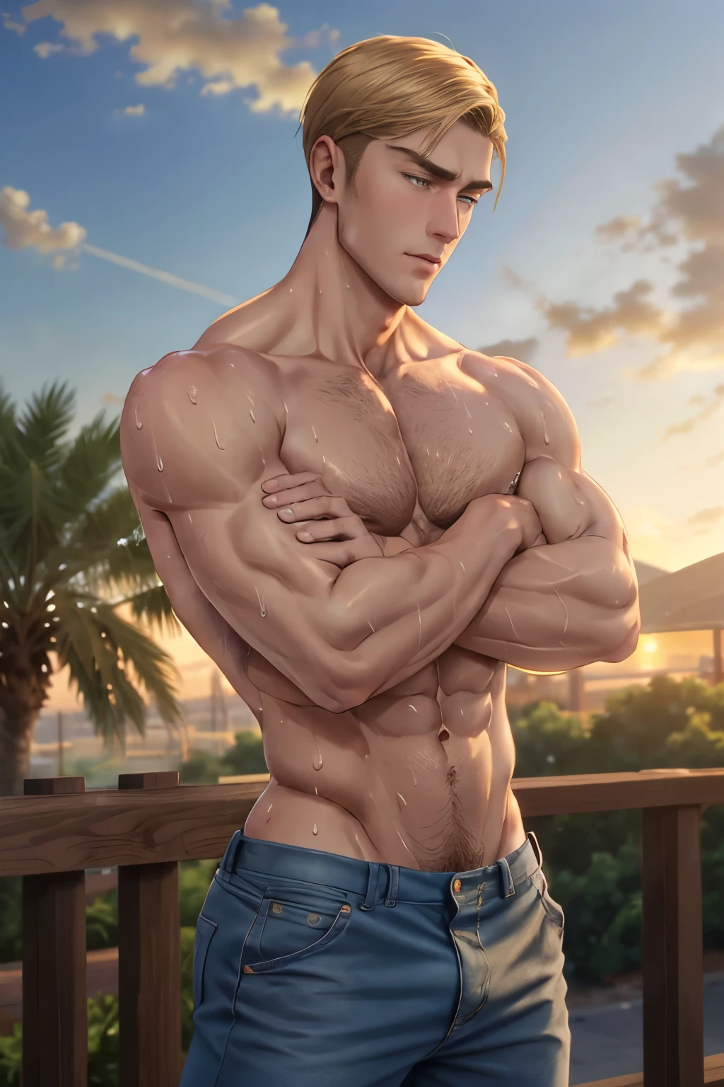 Erwin _smith, 20 years old, sunset background, hairy chest, ultra realistic, athletic physique, slender, no body hair, muscular man, wearing casual clothes, arms crossed on chest, hairy arms, front view, sweat, full body shot