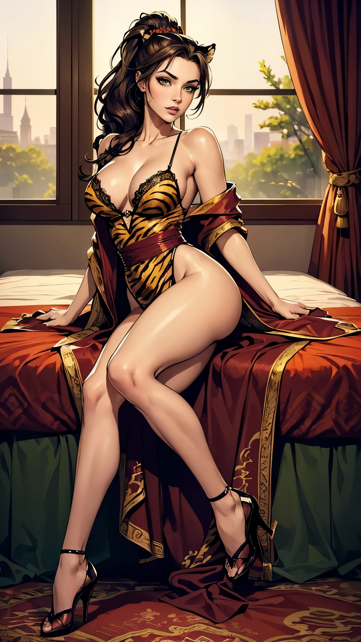 ((masterpiece, Best quality, a high resolution, ultra detailed),(beautiful and aesthetically pleasing:1.2), 1 woman, adult, perfect body, Wavy dark hair, green eyes, hair tied into a high beautiful ponytail, Detailed eyes and face, romantic tiger robe, Tiger print, sexy robe, lace, ornament on fabric, high heel shoes, Valentine's Day, romantic look in love, date, Bedroom, a large bed, view of the park from the window,, full body