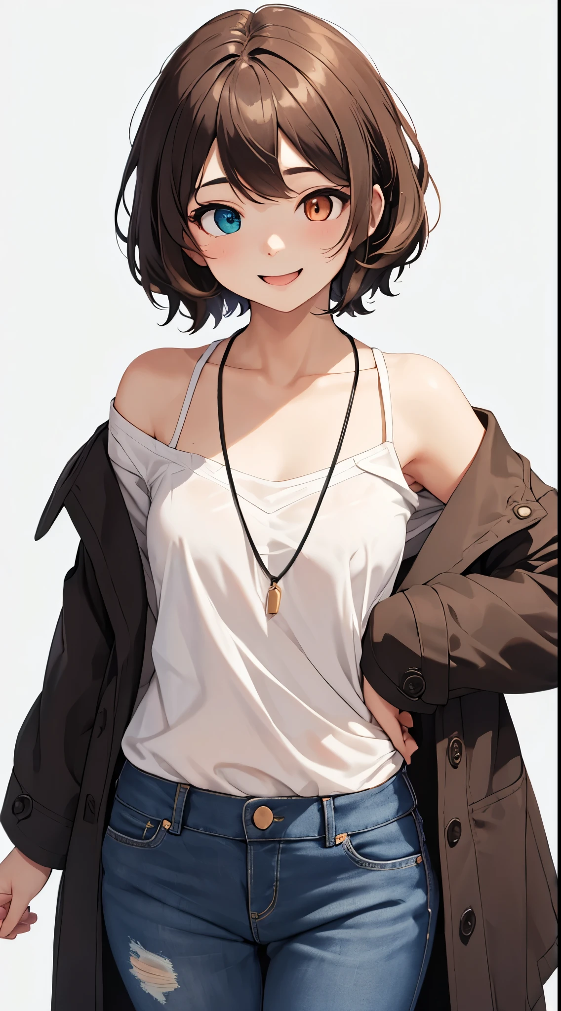 white background、Empty background、(high quality, Breathtaking),(expressive eyes, perfect face) Upper body shot, Empty-handed、fold your hands behind your back、1 girl, girl smiling from the front、woman gives blowjob, solo, Delicate eyes、odd eye, Heterochromia - left eye is brown、The right eye is light blue.open your mouth wide、Era: late 20s, brown hair, , Shoulder-length medium hair, Soft wavy hair, gentle smile, Loose hair, side bangs, modern clothes, V neck short sleeve shirt, flowing blouse, black off shoulder coat, jeans, small necklace, It's elegant, middle age, Height 5"6,