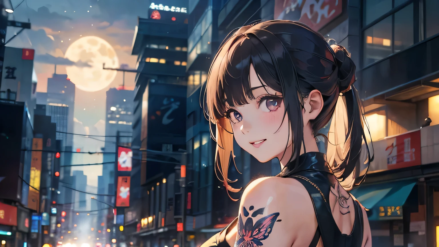 a 20 yo woman、Blackberry Hair、long twintail、Big smile、cleavage of the breast、Thighs at a glance、fishnet tights、Long cheongsam with long purple ankles on open chest、(hi-top fade:1.3)、dark themed、Muted Tones、Subdued Color、highly contrast、(natural skin textures、Hyper-Realism、Soft light、sharp) (masutepiece, of the highest quality, Best Quality, Official art, Beautiful and aesthetic: 1.2), (1girl in: 1.3), Very detailed, (Fractal Art: 1.1), (Color: 1.1) (Flowers: 1.3), (By Yuko Higuchi:1.4), Yuko Higuchi,(posted by Yow:1.2),(linear art),Line drawing,Pen drawing,Zentangle,(Tattoo patterns:1.2),(complex lines),(masutepiece),(Best Quality:1.1), (Ultra-detailed),Best Illustration,finely detail,hand-drawn high quality,High contrast,(Clean lines:1.3),ligne claire,(Portrait),(very closeup:1.1),1 girl,Solo,The girl is wrapped in snow,(Intricate details:1.3),(Detailed background:1.2),(coloured background:1.1),sketch,Intricate details,High resolution,a moon,top-quality、8K、hight resolution、masterpiece、(portlate:0.6)、A dark-haired、Middle hair、(grinning evily:1.3)、(Look at viewers:1.3)、(bokeh dof)、18year old、8K, masutepiece, (Photorealistic:1.5), Artistic portrait from behind ((Yakuza Girls) Wearing yellow tight crop top leather suit), back tattoo, Revealing the tattoo on the back, (Dragon tattoo), Bare shoulders, huge-breasted, Beautiful skin, Slim Fit Body, Cute face, nice appearance, look at viewr, Red hair in a bun with bangs, Foggy, Daylight, skyscapers, Clouds, Cozy and cool atmosphere, Dynamic lighting, natural, artistic,18-year-old girl Wahori skin, Yakuza, Japan Mafia, Background of Tokyo future cyberpunk District, Realistic, Photoreal, masutepiece, Best Quality, Movie photo of a Japan cartel gang with tattoos, epic lighting, Yakuza tattoos on Japan, japanese art on behance, Japan culture, Sexy, Exotic, Erotic,Tattoo of butterflies and flowers on the upper body,Tattoo of a huge number of flowers on the arm、