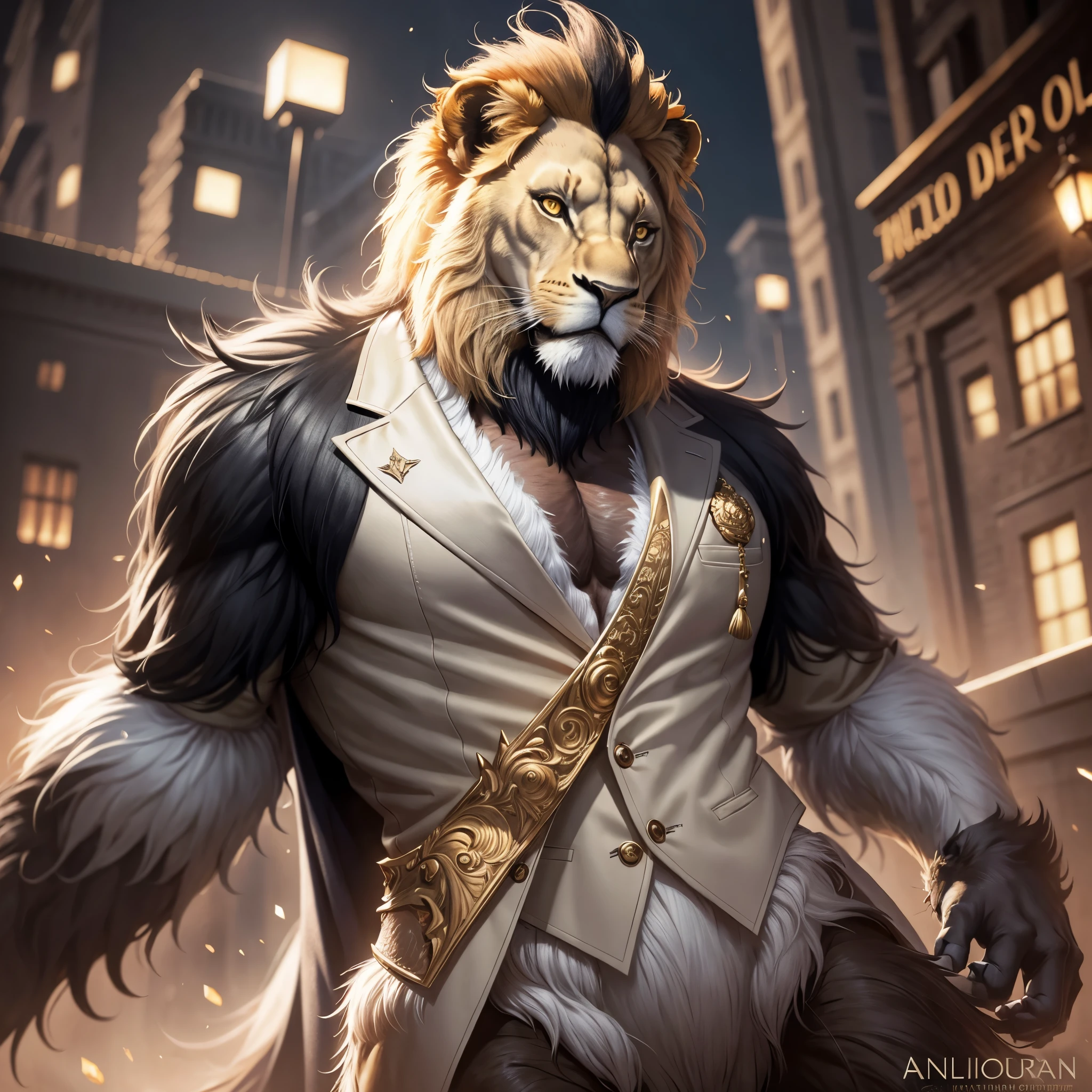 top quality ultra-fine illustrations, Reality and vitality, Expression of dense muscles, Coats that skillfully reflect light, dynamism, energy, elegance, Luxury, Harmony with space, Passionate expressiveness(classic concert, opera house, Backlighting)(highly detailed beautiful face and eyes)absurdres, perfect anatomy((beast man, solo focus, sharp focus)) (furry, tuxedo) (furry anthro:1.7) ((((Furry body, male lion facial features, male lion body features)))) ((Male lion's muzzle, very detailed fur))full body, Fighting pose, invincible smile (portrait),