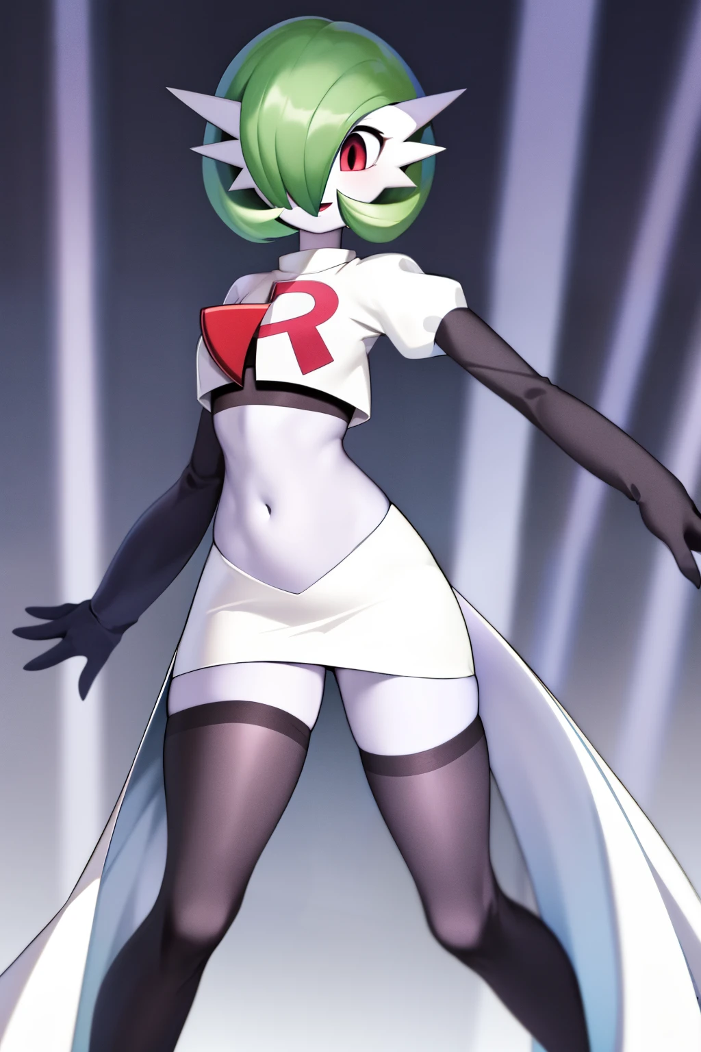 masterpiece, best_quality, 1girl, solo, gardevoir, creatures \(company\), game freak, nintendo, pokemon, pokemon \(game\), bangs, colored skin, female focus, gen 3 pokemon, green hair, green skin, hair over one eye, multicolored skin, pokemon \(creature\), red eyes, short hair, two-tone skin, white skin, team rocket,team rocket uniform,white skirt,red letter R,crop top,black thigh-highs,black elbow gloves