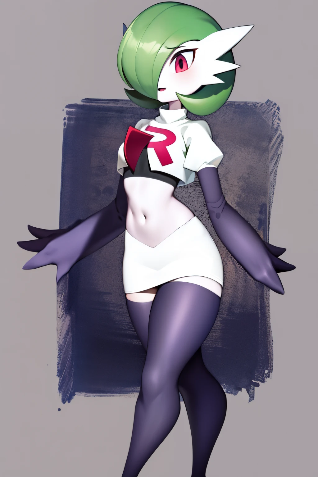 masterpiece, best_quality, 1girl, solo, gardevoir, creatures \(company\), game freak, nintendo, pokemon, pokemon \(game\), bangs, colored skin, female focus, gen 3 pokemon, green hair, green skin, hair over one eye, multicolored skin, pokemon \(creature\), red eyes, short hair, two-tone skin, white skin, team rocket,team rocket uniform,white skirt,red letter R,crop top,black thigh-highs,black elbow gloves