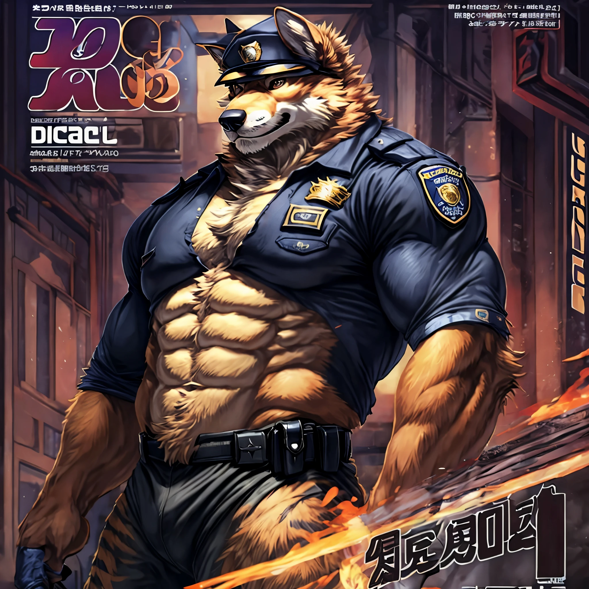 top quality, best quality, super high resolution, detailed background, magazine cover(highly detailed beautiful face and eyes)absurdres, perfect anatomy((angelic nice 1boy, kemono, solo focus, muscle man, beard))(((furry)))(furry anthro:1.7)((((Furry body, dog facial features, dog body features))))((very detailed body fur))full body(dignified)police officer, SWAT, street, muscle, facial hair, volumetric lighting, depth of field, gasping for air, raised crotch, black clothes, ((black police uniform)) shirt,