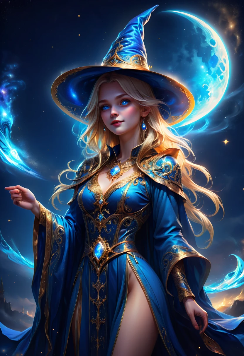 A photo of a blonde, blue-eyed cute Wizard girl standing on a moonlit night. colorful, sparkling halo appears and colors the scene. She wears a wizard hat with gold embroidery and luxurious blue robes, creating a mysterious atmosphere.,blue moon,(best quality, masterpiece, Representative work, official art, Professional, Ultra high detail, 8k)