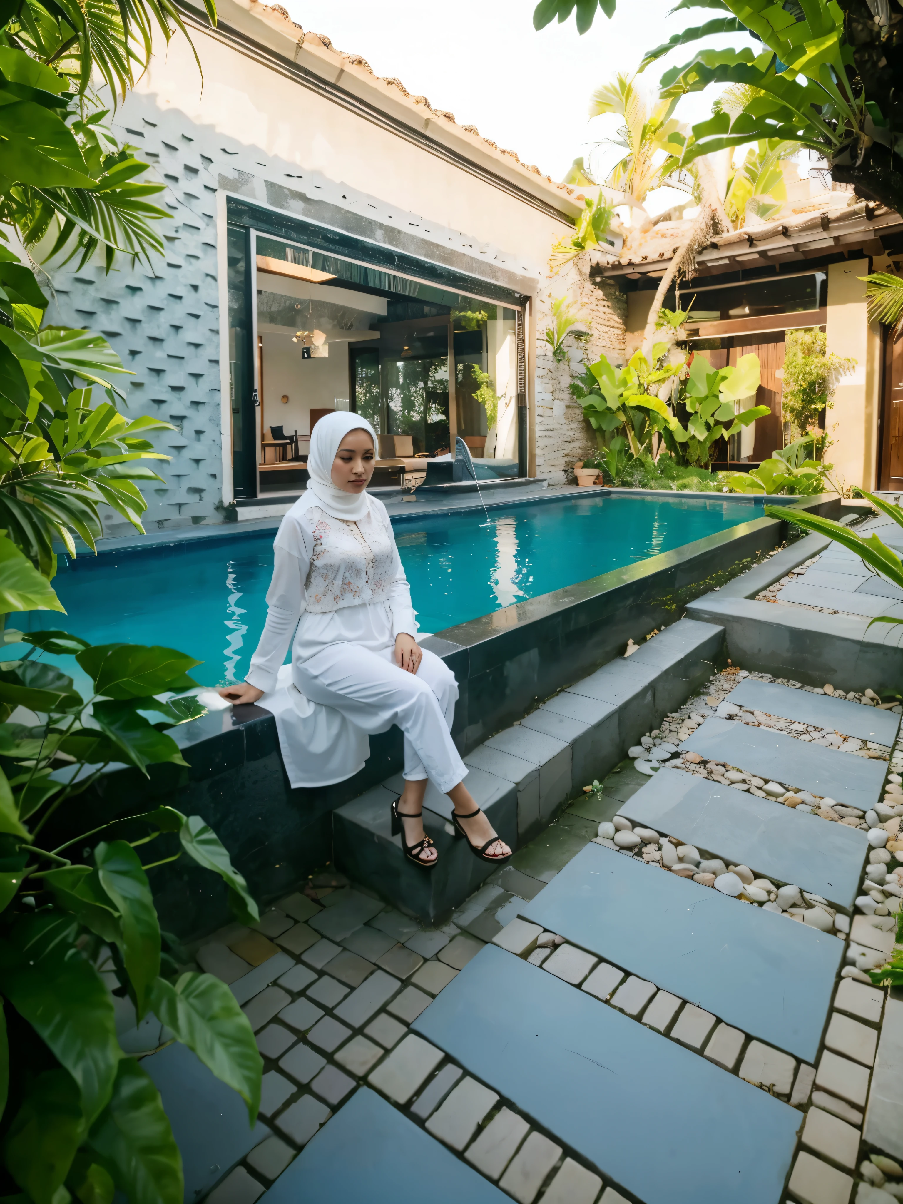 Indonesia woman, hijab, plump, villa