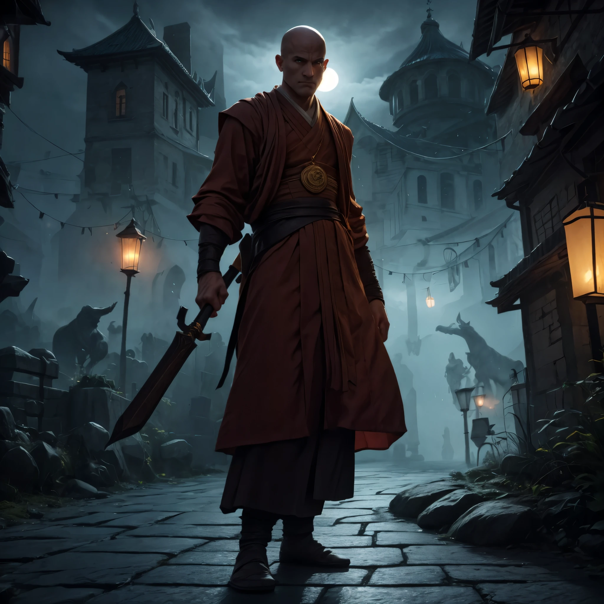 In this prompt, we have a detailed description of a scene featuring a young bald monk fighting the undead in a village at night. The prompt contains information about the character's appearance, outfit, energy, and the overall atmosphere of the scene.
A bald monk, aged 25, stands at the center of the focal point, with a strong athletic build. His European features portray determination and resilience. He is dressed in a white fighting gi with platinum trim, emphasizing purity and elegance. The fabric of the gi flows gracefully and reflects the moonlight, adding a sense of ethereal beauty to the scene.
Surrounding the monk, holy energy with a dragon motif swirls around him. The energy signifies his divine abilities and acts as both a source of light and a weapon against the undead. The swirling energy creates dynamic patterns, enhancing the monk's movements and bringing a sense of power and mysticism to the scene.
The scene takes place in a village at night, shrouded in darkness and mystery. The moonlight casts long shadows, illuminating the cobblestone streets and the ancient buildings that line them. The village exudes an eerie atmosphere, with flickering lanterns and distant sounds of battle echoing through the air. The night sky is filled with ominous clouds, hinting at the impending danger.
To ensure the best quality and high resolution, the prompt begins with "(best quality, 4k, 8k, highres, masterpiece:1.2), ultra-detailed, (realistic, photorealistic, photo-realistic:1.37)". This indicates that we want the generated image to be of the highest quality, with an emphasis on realistic details. Other tags like HDR, UHD, and studio lighting further enhance the visual fidelity and overall appeal of the image.
The art style for this prompt leans towards a realism with a touch of fantasy. The focus is on capturing the essence of the scene and the character's emotions, rather than traditional portrait or landscape styles. The colors should evoke a sense of mystery and danger, with a dark and moody color palette dominated by deep blues, purples, and hints of fiery orange from the holy energy.
Lastly, the scene should be bathed in atmospheric lighting. The moonlight casts a soft, silvery glow, highlighting the monk's features and creating dramatic contrasts between light and shadow. The flickering lanterns in the village emit warm, golden light, adding depth and warmth to the overall composition.
Overall, this prompt aims to create a visually striking and immersive image of a young bald monk battling the undead in a mysterious village at night.