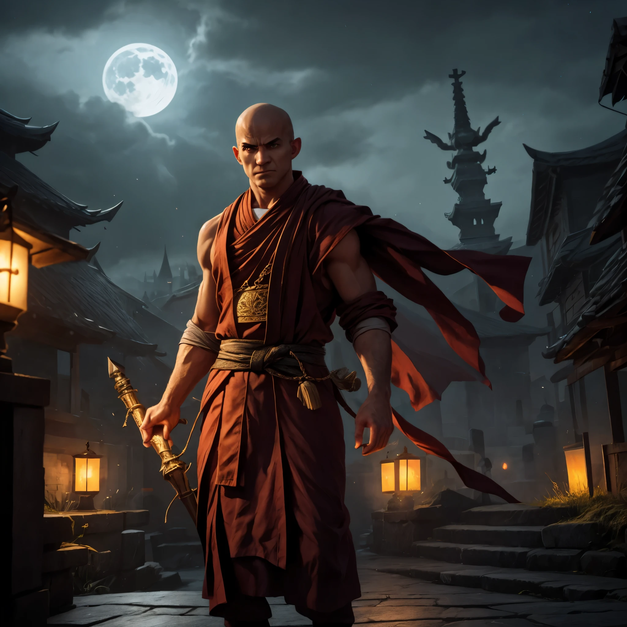 In this prompt, we have a detailed description of a scene featuring a young bald monk fighting the undead in a village at night. The prompt contains information about the character's appearance, outfit, energy, and the overall atmosphere of the scene.
A bald monk, aged 25, stands at the center of the focal point, with a strong athletic build. His European features portray determination and resilience. He is dressed in a white fighting gi with platinum trim, emphasizing purity and elegance. The fabric of the gi flows gracefully and reflects the moonlight, adding a sense of ethereal beauty to the scene.
Surrounding the monk, holy energy with a dragon motif swirls around him. The energy signifies his divine abilities and acts as both a source of light and a weapon against the undead. The swirling energy creates dynamic patterns, enhancing the monk's movements and bringing a sense of power and mysticism to the scene.
The scene takes place in a village at night, shrouded in darkness and mystery. The moonlight casts long shadows, illuminating the cobblestone streets and the ancient buildings that line them. The village exudes an eerie atmosphere, with flickering lanterns and distant sounds of battle echoing through the air. The night sky is filled with ominous clouds, hinting at the impending danger.
To ensure the best quality and high resolution, the prompt begins with "(best quality, 4k, 8k, highres, masterpiece:1.2), ultra-detailed, (realistic, photorealistic, photo-realistic:1.37)". This indicates that we want the generated image to be of the highest quality, with an emphasis on realistic details. Other tags like HDR, UHD, and studio lighting further enhance the visual fidelity and overall appeal of the image.
The art style for this prompt leans towards a realism with a touch of fantasy. The focus is on capturing the essence of the scene and the character's emotions, rather than traditional portrait or landscape styles. The colors should evoke a sense of mystery and danger, with a dark and moody color palette dominated by deep blues, purples, and hints of fiery orange from the holy energy.
Lastly, the scene should be bathed in atmospheric lighting. The moonlight casts a soft, silvery glow, highlighting the monk's features and creating dramatic contrasts between light and shadow. The flickering lanterns in the village emit warm, golden light, adding depth and warmth to the overall composition.
Overall, this prompt aims to create a visually striking and immersive image of a young bald monk battling the undead in a mysterious village at night.