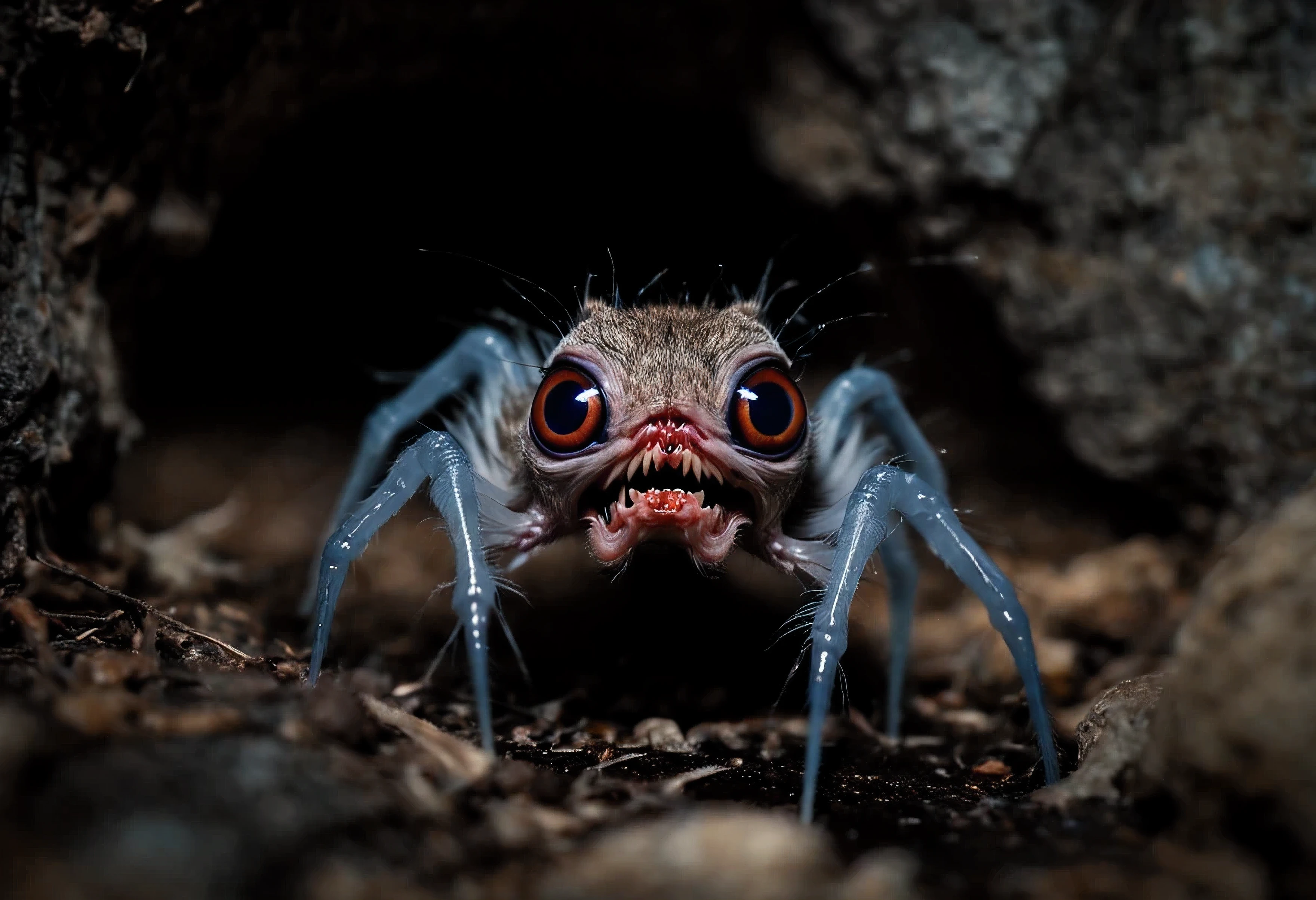 Horror-themed cinematic film still tiny embryonic squirrel with spider legs and (one large eye) for a head, trending on artstation, (wings), scary, subsurface scattering, cave, squirrel, spider high budget, bokeh, cinemascope, moody, epic, gorgeous, film grain, grainy . Eerie, unsettling, dark, spooky, suspenseful, grim, highly detailed, high saturation, blue