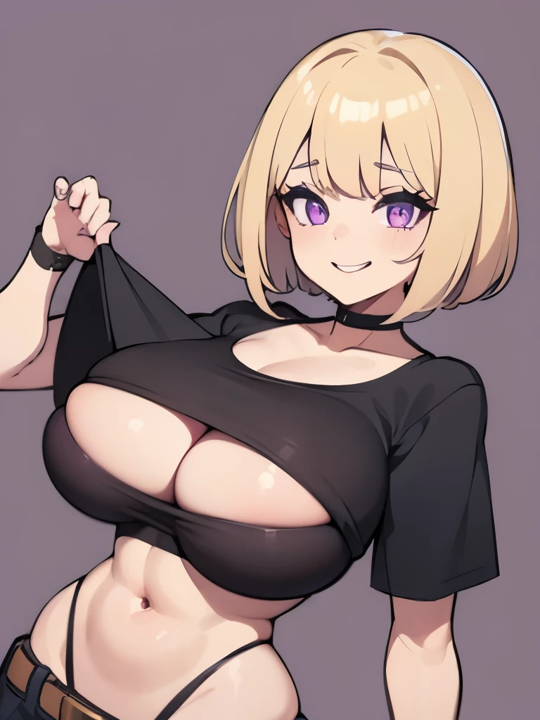 1 girl,blonde hair,bob,Patsun bangs,purple eyes,shaped pupils,big breasts,big breasts,cute,smile,Happy,heavy breathing,trembling,crop top shirt,choker