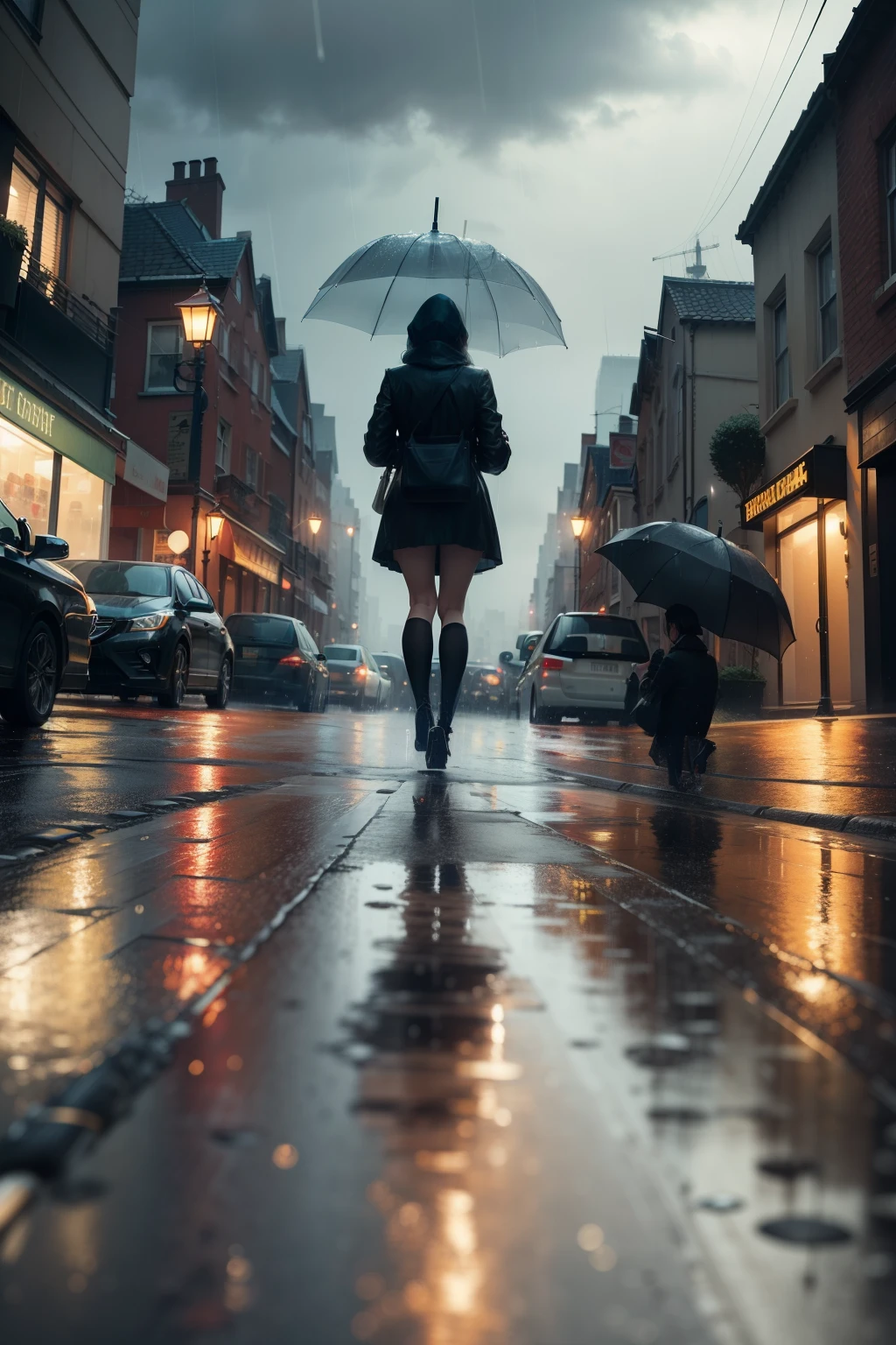 draw a city on a rainy day, show the raindrops shining from an autumnal, bottom view. many passers-by with umbrellas, cars reflecting their headlights on the asphalt, inspired by the covers of weird tale.