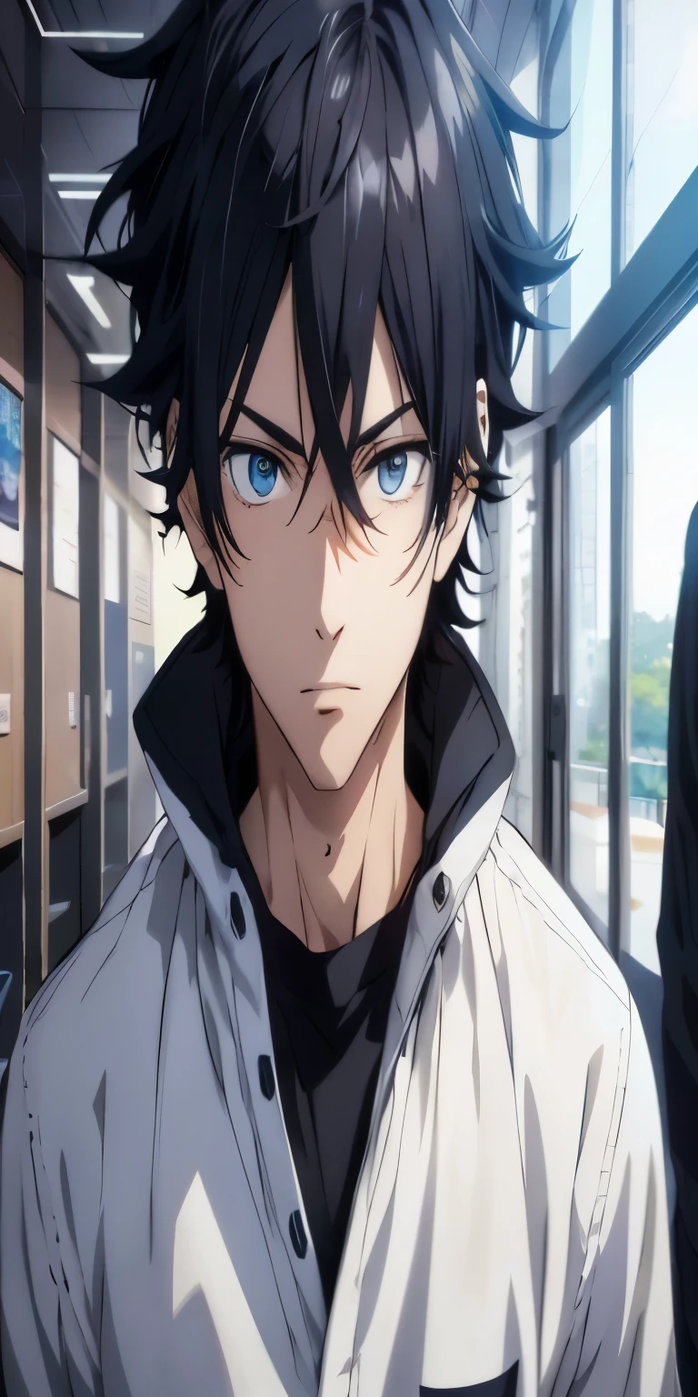 cara de anime com olhos azuis e cabelo preto em uma jaqueta branca, Cara de anime alto com olhos azuis, jovem anime homem, anime homem bonito, personagem de anime masculino, anime foda 8k, retrato de anime de um homem bonito, Linda pose de anime, anime key art sharp focus, estilo de anime masculino, anime oficial ainda, acionar estilo de arte de anime, arte detalhada de personagem de anime