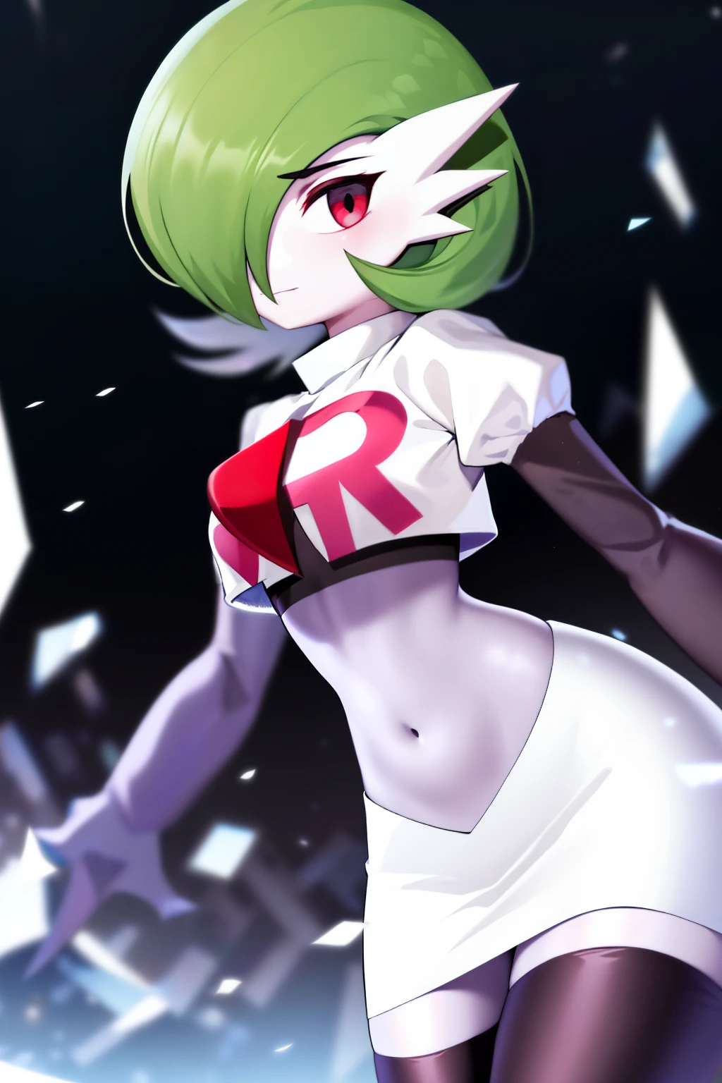 masterpiece, best_quality, 1girl, solo, gardevoir, creatures \(company\), game freak, nintendo, pokemon, pokemon \(game\), bangs, colored skin, female focus, gen 3 pokemon, green hair, green skin, hair over one eye, multicolored skin, pokemon \(creature\), red eyes, short hair, two-tone skin, white skin, team rocket,team rocket uniform,white skirt,red letter R,crop top,black thigh-highs,black elbow gloves