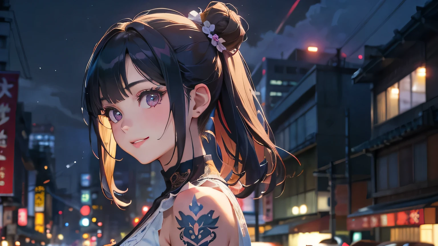 a 20 yo woman、Blackberry Hair、long twintail、Big smile、cleavage of the breast、Thighs at a glance、fishnet tights、Long cheongsam with long purple ankles on open chest、(hi-top fade:1.3)、dark themed、Muted Tones、Subdued Color、highly contrast、(natural skin textures、Hyper-Realism、Soft light、sharp) (masutepiece, of the highest quality, Best Quality, Official art, Beautiful and aesthetic: 1.2), (1girl in: 1.3), Very detailed, (Fractal Art: 1.1), (Color: 1.1) (Flowers: 1.3), (By Yuko Higuchi:1.4), Yuko Higuchi,(posted by Yow:1.2),(linear art),Line drawing,Pen drawing,Zentangle,(Tattoo patterns:1.2),(complex lines),(masutepiece),(Best Quality:1.1), (Ultra-detailed),Best Illustration,finely detail,hand-drawn high quality,High contrast,(Clean lines:1.3),ligne claire,(Portrait),(very closeup:1.1),1 girl,Solo,The girl is wrapped in snow,(Intricate details:1.3),(Detailed background:1.2),(coloured background:1.1),sketch,Intricate details,High resolution,a moon,top-quality、8K、hight resolution、masterpiece、(portlate:0.6)、A dark-haired、Middle hair、(grinning evily:1.3)、(Look at viewers:1.3)、(bokeh dof)、18year old、8K, masutepiece, (Photorealistic:1.5), Artistic portrait from behind ((Yakuza Girls) Wearing yellow tight crop top leather suit), back tattoo, Revealing the tattoo on the back, (Dragon tattoo), Bare shoulders, huge-breasted, Beautiful skin, Slim Fit Body, Cute face, nice appearance, look at viewr, bluehair in a bun with bangs, Foggy, Daylight, skyscapers, Clouds, Cozy and cool atmosphere, Dynamic lighting, natural, artistic,18-year-old girl Wahori skin, Yakuza, Japan Mafia, Background of Tokyo future cyberpunk District, Realistic, Photoreal, masutepiece, Best Quality, Movie photo of a Japan cartel gang with tattoos, epic lighting, Yakuza tattoos on Japan, japanese art on behance, Japan culture, Sexy, Exotic, Erotic,Tattoo of butterflies and flowers on the upper body,Tattoo of a huge number of flowers on the arm、