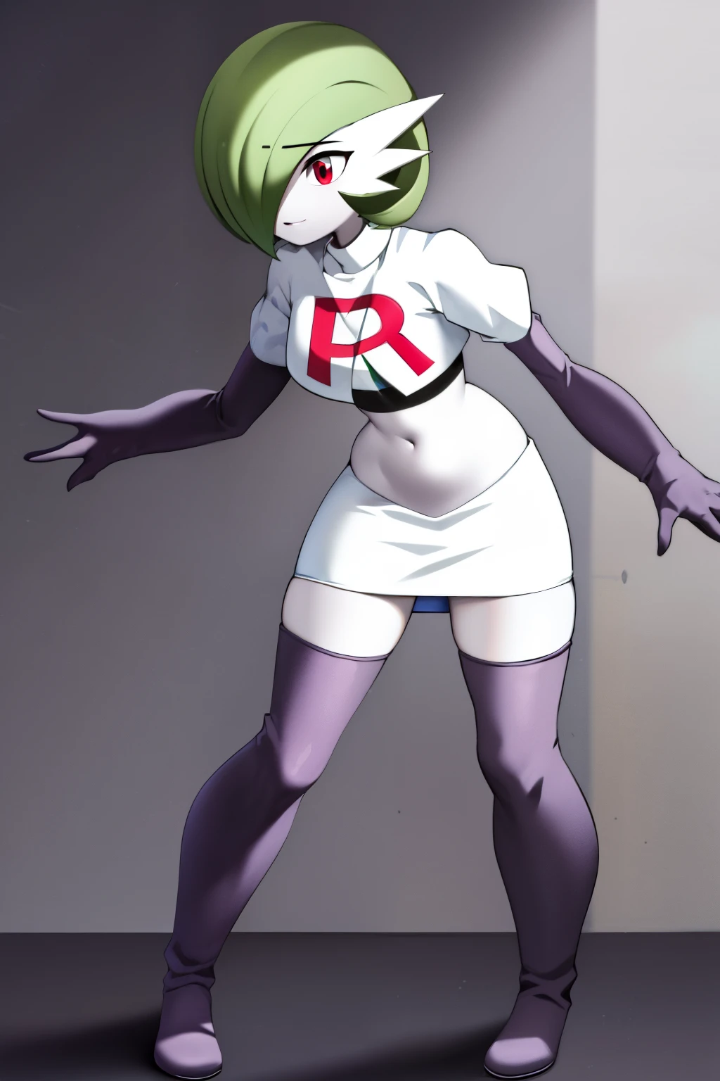 masterpiece, best_quality, 1girl, solo, gardevoir, creatures \(company\), game freak, nintendo, pokemon, pokemon \(game\), bangs, colored skin, female focus, gen 3 pokemon, green hair, green skin, hair over one eye, multicolored skin, pokemon \(creature\), red eyes, short hair, two-tone skin, white skin, team rocket,team rocket uniform,white skirt,red letter R,crop top,black thigh-highs,black elbow gloves