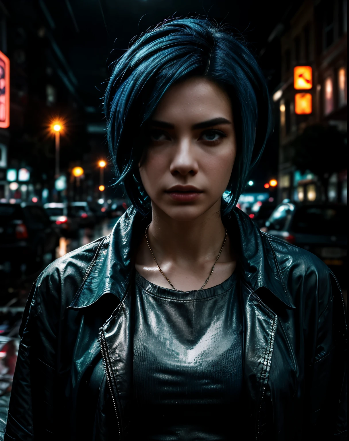 Captivating full-body photo of a cyberpunk detective with (((short blue hair))), (((beautiful face))), her piercing brown eyes scanning the rain-soaked streets of a gritty noir-inspired night cityscape. Dressed in a black trench coat with cybernetic enhancements concealed beneath, every detail of her world-weary expression and shadowy surroundings rendered with cinematic flair, evoking a sense of mystery and intrigue as she unravels the secrets of a high-tech conspiracy.