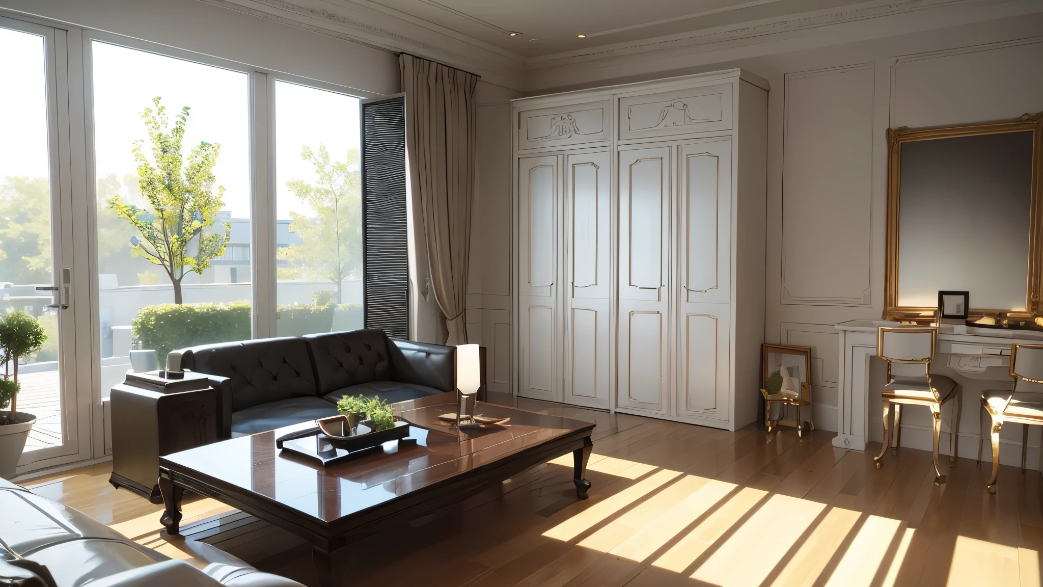 You are a famous interior designer、You have been asked to create a 3D image of a modern large room. Create a harmonious environment with modern and minimalist furniture. Including garden interior.