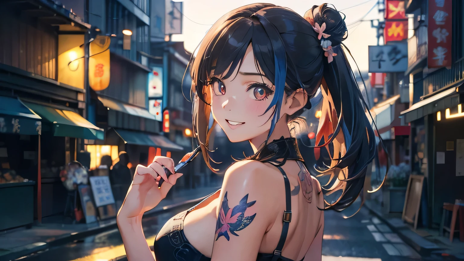 a 20 yo woman、Blackberry Hair、long twintail、Big smile、cleavage of the breast、Thighs at a glance、fishnet tights、Long cheongsam with long purple ankles on open chest、(hi-top fade:1.3)、dark themed、Muted Tones、Subdued Color、highly contrast、(natural skin textures、Hyper-Realism、Soft light、sharp) (masutepiece, of the highest quality, Best Quality, Official art, Beautiful and aesthetic: 1.2), (1girl in: 1.3), Very detailed, (Fractal Art: 1.1), (Color: 1.1) (Flowers: 1.3), (By Yuko Higuchi:1.4), Yuko Higuchi,(posted by Yow:1.2),(linear art),Line drawing,Pen drawing,Zentangle,(Tattoo patterns:1.2),(complex lines),(masutepiece),(Best Quality:1.1), (Ultra-detailed),Best Illustration,finely detail,hand-drawn high quality,High contrast,(Clean lines:1.3),ligne claire,(Portrait),(very closeup:1.1),1 girl,Solo,The girl is wrapped in snow,(Intricate details:1.3),(Detailed background:1.2),(coloured background:1.1),sketch,Intricate details,High resolution,a moon,top-quality、8K、hight resolution、masterpiece、(portlate:0.6)、A dark-haired、Middle hair、(grinning evily:1.3)、(Look at viewers:1.3)、(bokeh dof)、18year old、8K, masutepiece, (Photorealistic:1.5), Artistic portrait from behind ((Yakuza Girls) Wearing yellow tight crop top leather suit), back tattoo, Revealing the tattoo on the back, (Dragon tattoo), Bare shoulders, huge-breasted, Beautiful skin, Slim Fit Body, Cute face, nice appearance, look at viewr, bluehair in a bun with bangs, Foggy, Daylight, skyscapers, Clouds, Cozy and cool atmosphere, Dynamic lighting, natural, artistic,18-year-old girl Wahori skin, Yakuza, Japan Mafia, Background of Tokyo future cyberpunk District, Realistic, Photoreal, masutepiece, Best Quality, Movie photo of a Japan cartel gang with tattoos, epic lighting, Yakuza tattoos on Japan, japanese art on behance, Japan culture, Sexy, Exotic, Erotic,Tattoo of butterflies and flowers on the upper body,Tattoo of a huge number of flowers on the arm、