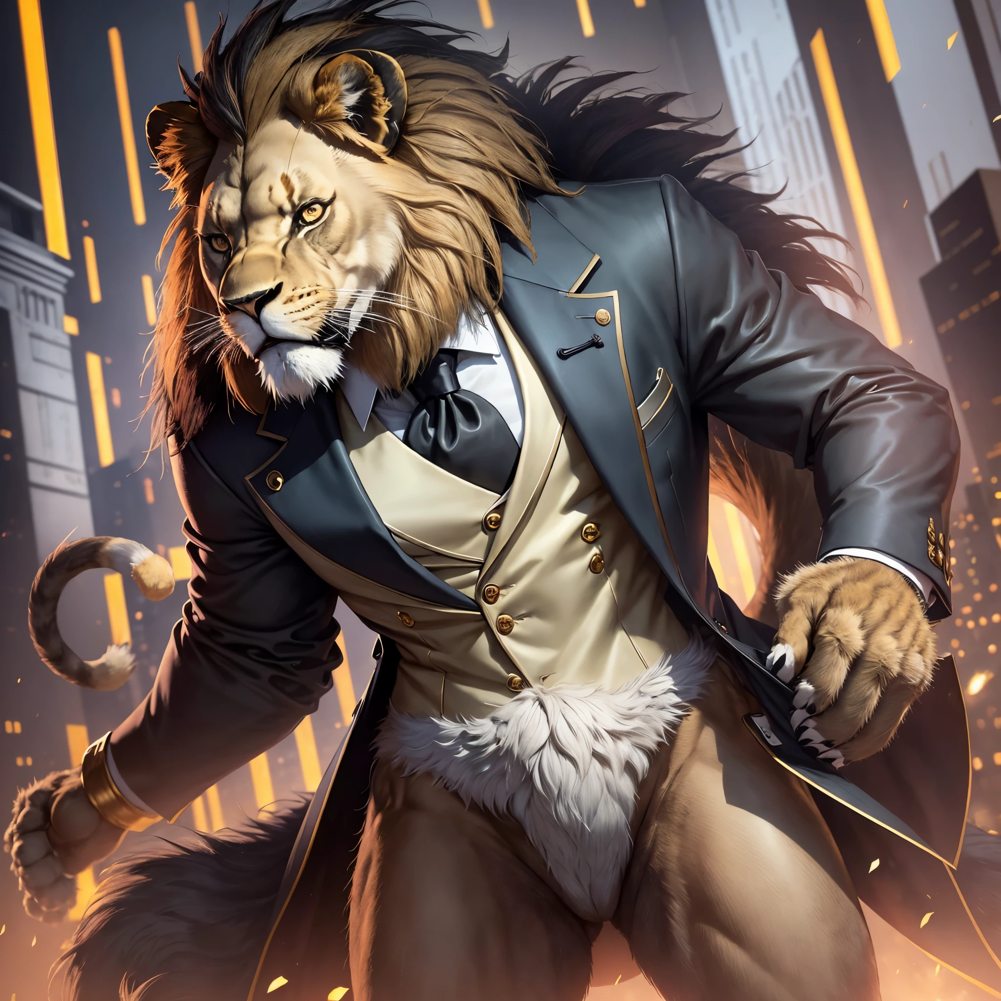 top quality ultra-fine illustrations, Reality and vitality, Expression of dense muscles, Coats that skillfully reflect light, dynamism, energy, elegance, Luxury, Harmony with space, Passionate expressiveness(classic concert, opera house, Backlighting)(highly detailed beautiful face and eyes)absurdres, perfect anatomy((beast man, solo focus, sharp focus)) (furry, tuxedo) (furry anthro:1.7) ((((Furry body, male lion facial features, male lion body features)))) ((Male lion's muzzle, very detailed fur))full body, Fighting pose, invincible smile (portrait),