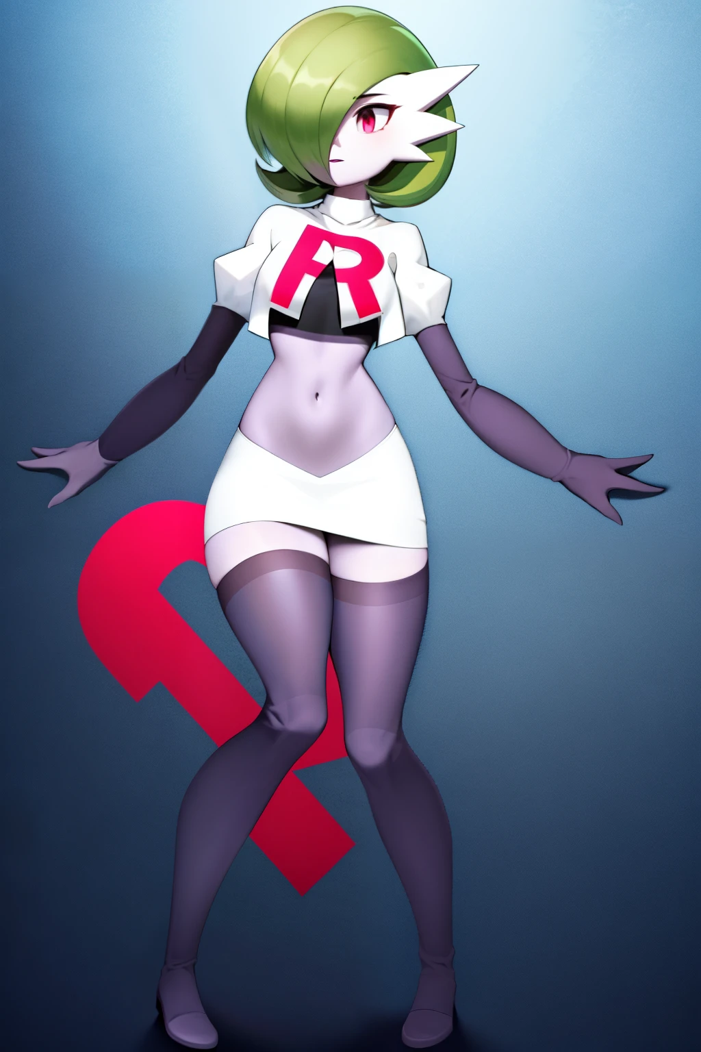 masterpiece, best_quality, 1girl, solo, gardevoir, creatures \(company\), game freak, nintendo, pokemon, pokemon \(game\), bangs, colored skin, female focus, gen 3 pokemon, green hair, green skin, hair over one eye, multicolored skin, pokemon \(creature\), red eyes, short hair, two-tone skin, white skin, team rocket,team rocket uniform,white skirt,red letter R,crop top,black thigh-highs,black elbow gloves