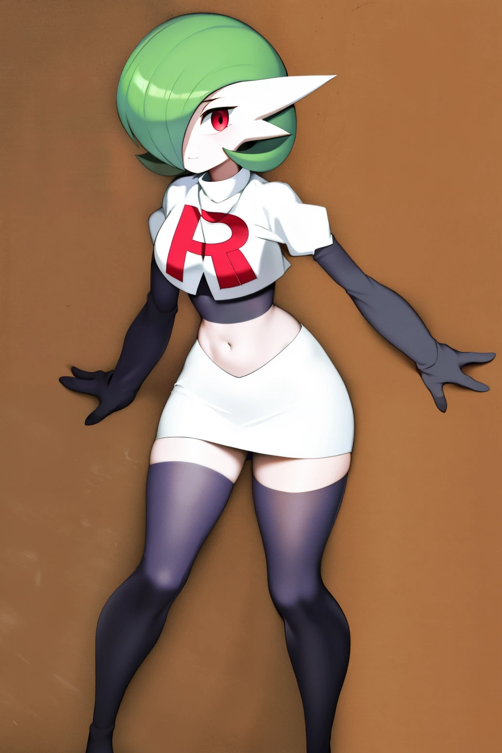 masterpiece, best_quality, 1girl, solo, gardevoir, creatures \(company\), game freak, nintendo, pokemon, pokemon \(game\), bangs, colored skin, female focus, gen 3 pokemon, green hair, green skin, hair over one eye, multicolored skin, pokemon \(creature\), red eyes, short hair, two-tone skin, white skin, team rocket,team rocket uniform,white skirt,red letter R,crop top,black thigh-highs,black elbow gloves