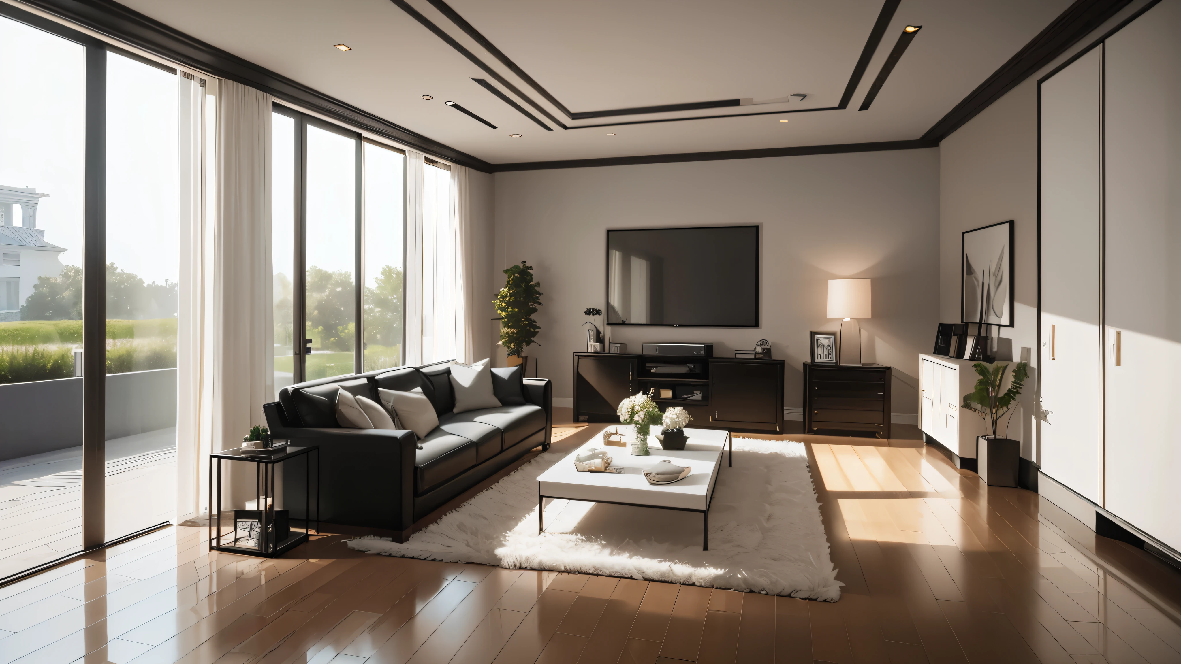 You are a famous interior designer、You have been asked to create a 3D image of a modern large room. Create a harmonious environment with modern and minimalist furniture. Including garden interior.