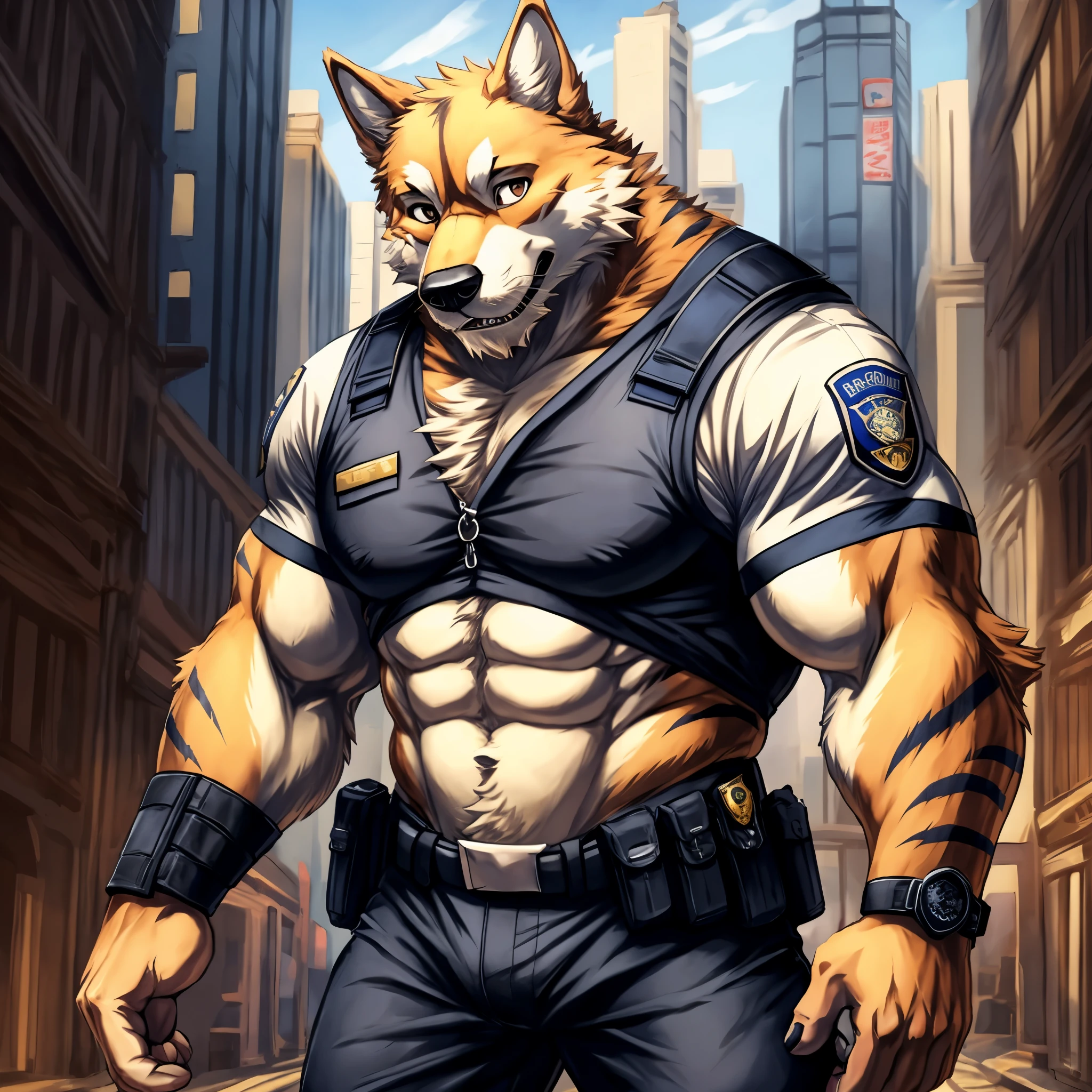 top quality, best quality, super high resolution, detailed background, magazine cover(highly detailed beautiful face and eyes)absurdres, perfect anatomy((angelic nice 1boy, kemono, solo focus, muscle man, beard))(((furry)))(furry anthro:1.7)((((Furry body, dog facial features, dog body features))))((very detailed body fur))full body(dignified)police officer, SWAT, street, muscle, facial hair, volumetric lighting, depth of field, gasping for air, raised crotch, black clothes, ((black police uniform)) shirt,